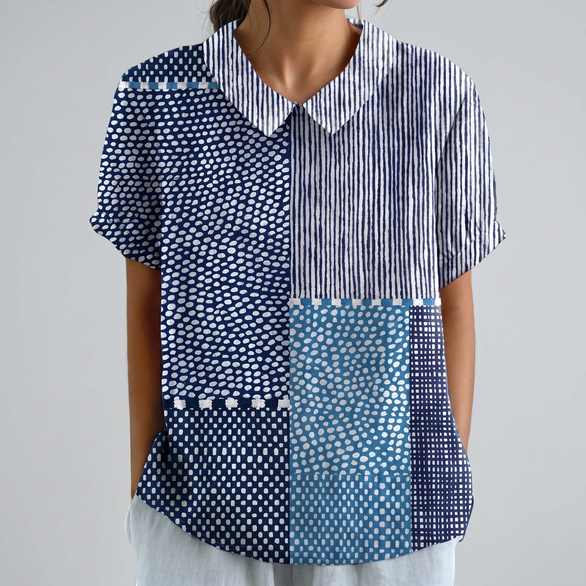 PetalCollar™ | Women's Print & Embroidery Short Sleeve Top