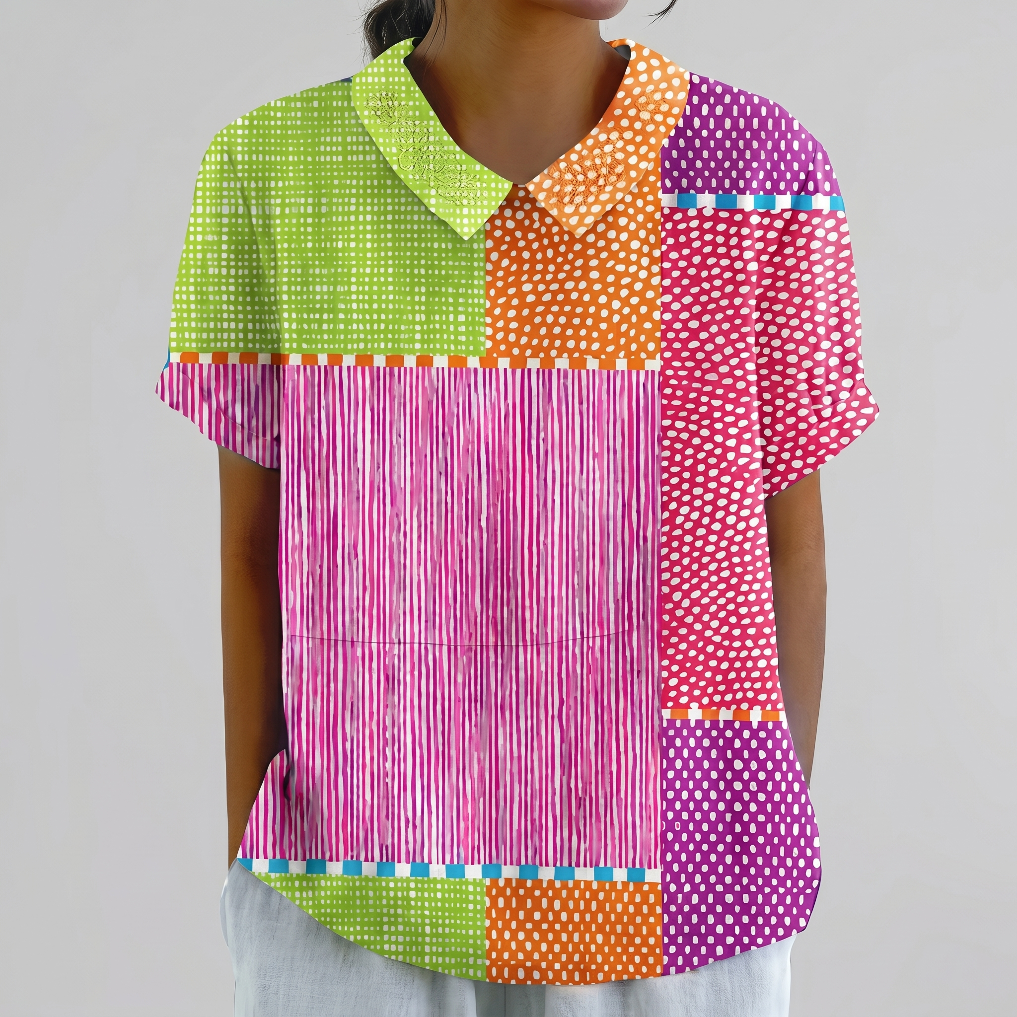 PetalCollar™ | Women's Print & Embroidery Short Sleeve Top