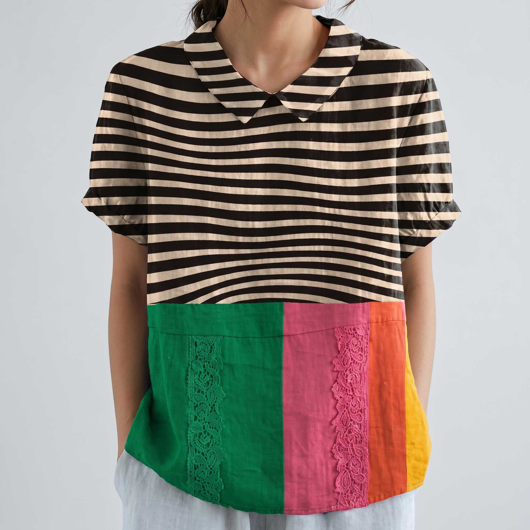 PetalCollar™ | Women's Print & Embroidery Short Sleeve Top