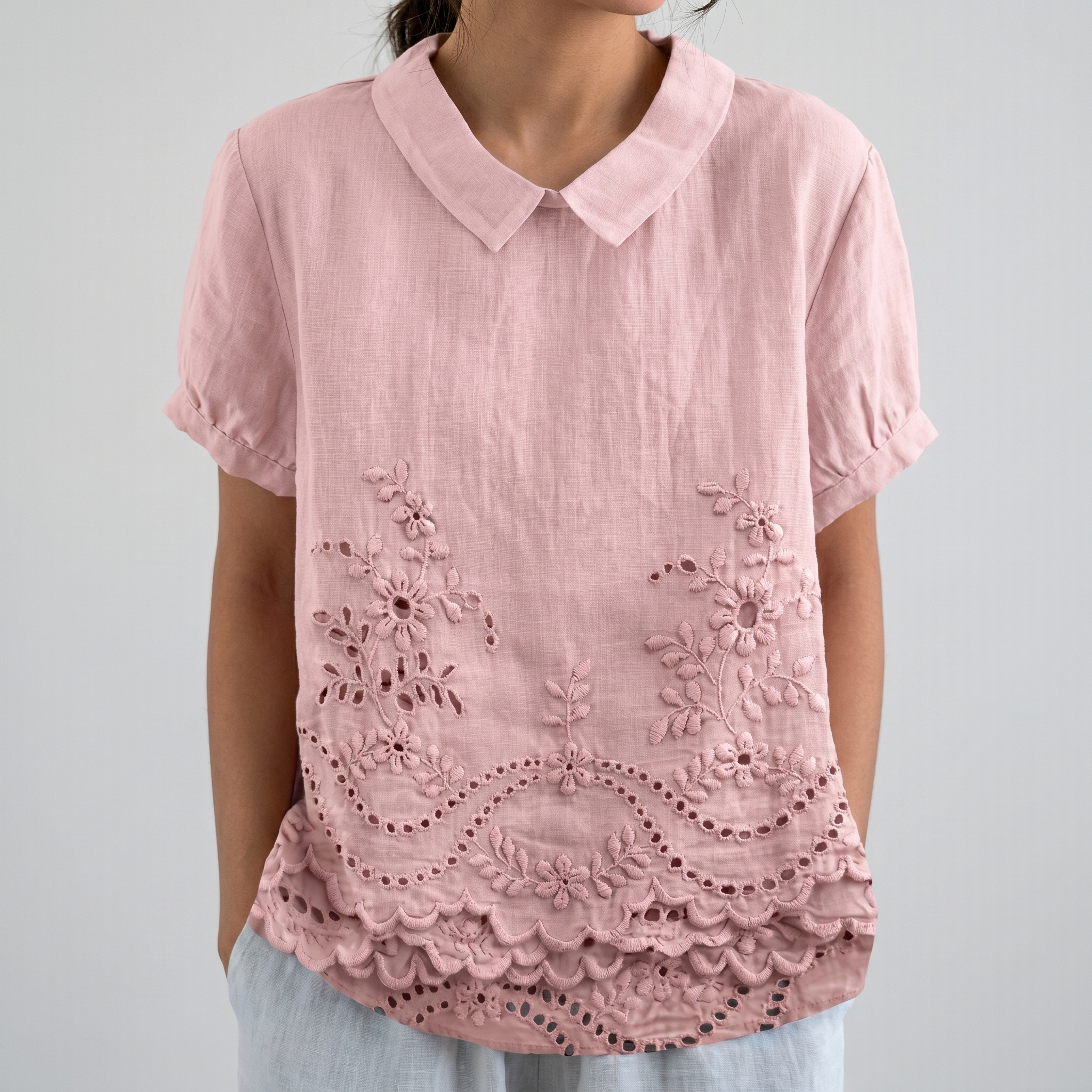 PetalCollar™ | Women's Print & Embroidery Short Sleeve Top