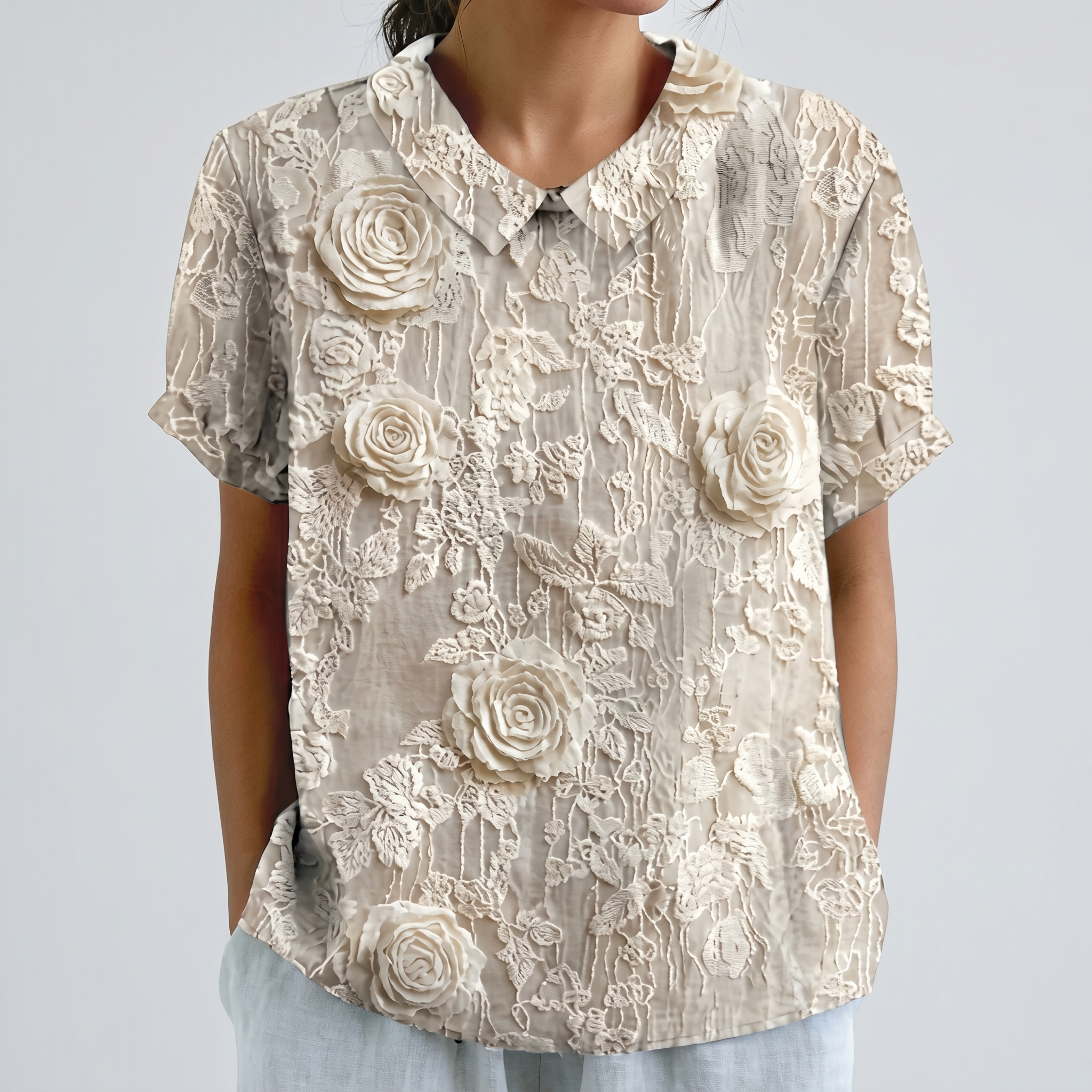 PetalCollar™ | Women's Print & Embroidery Short Sleeve Top