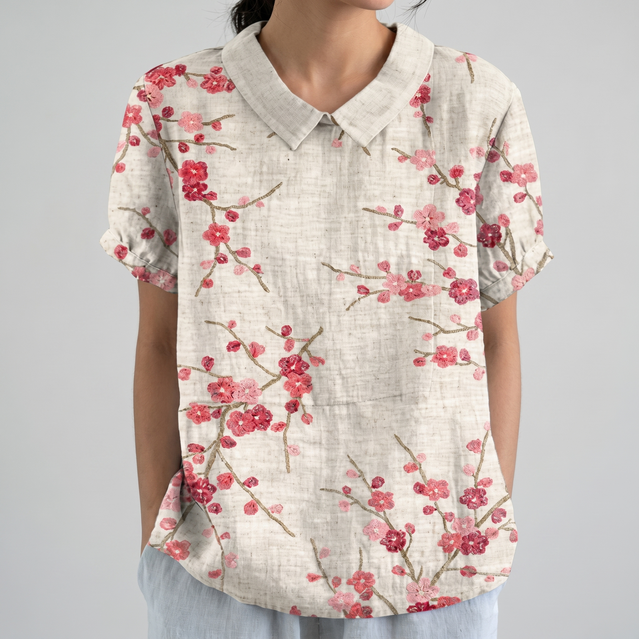 PetalCollar™ | Women's Print & Embroidery Short Sleeve Top