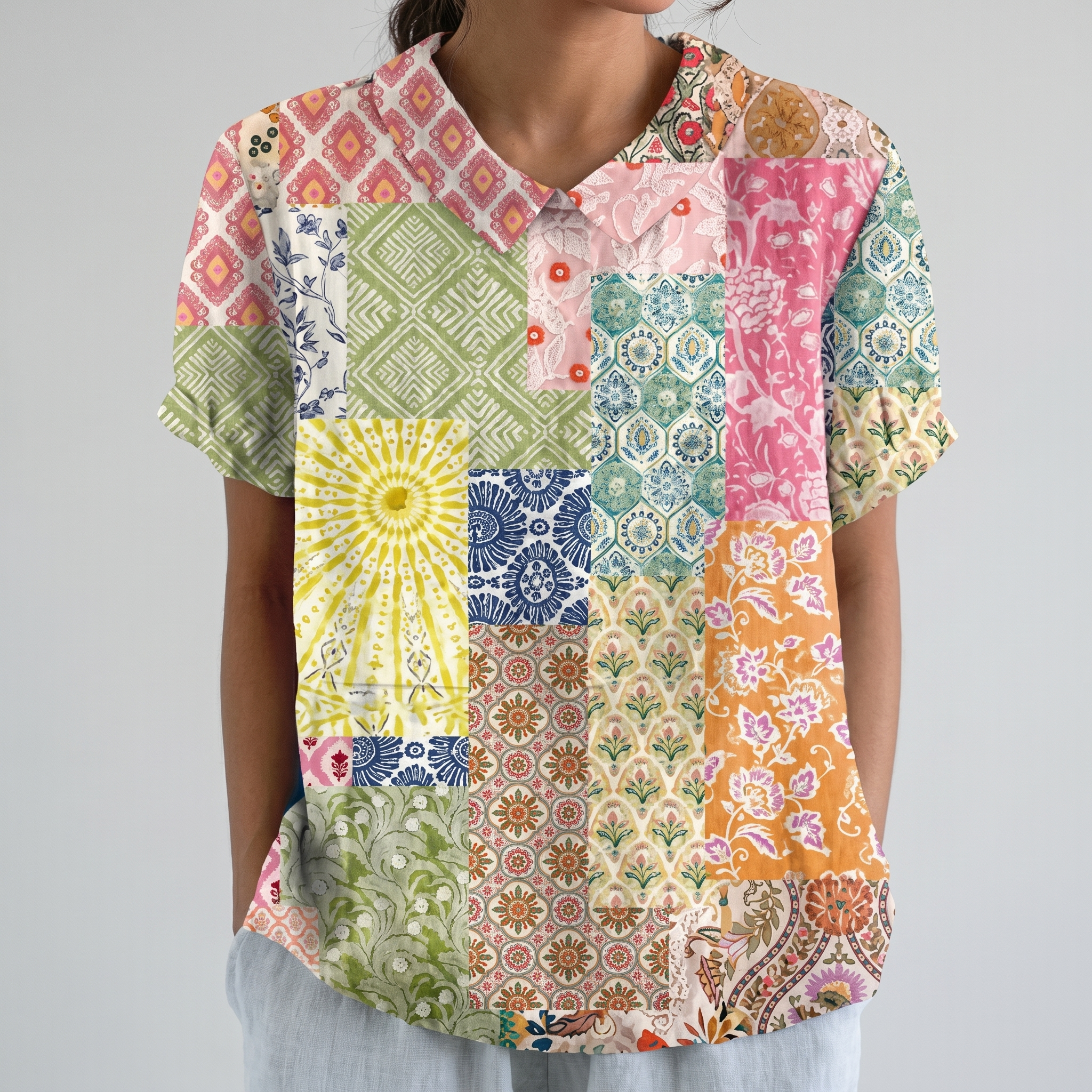 PetalCollar™ | Women's Print & Embroidery Short Sleeve Top