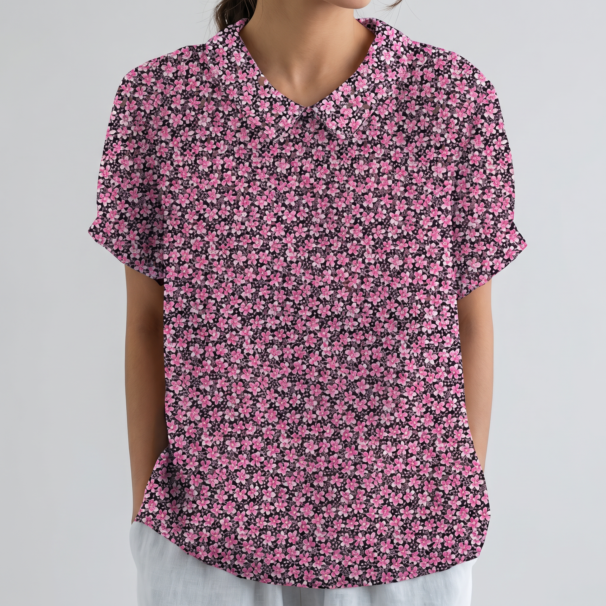 PetalCollar™ | Women's Print & Embroidery Short Sleeve Top