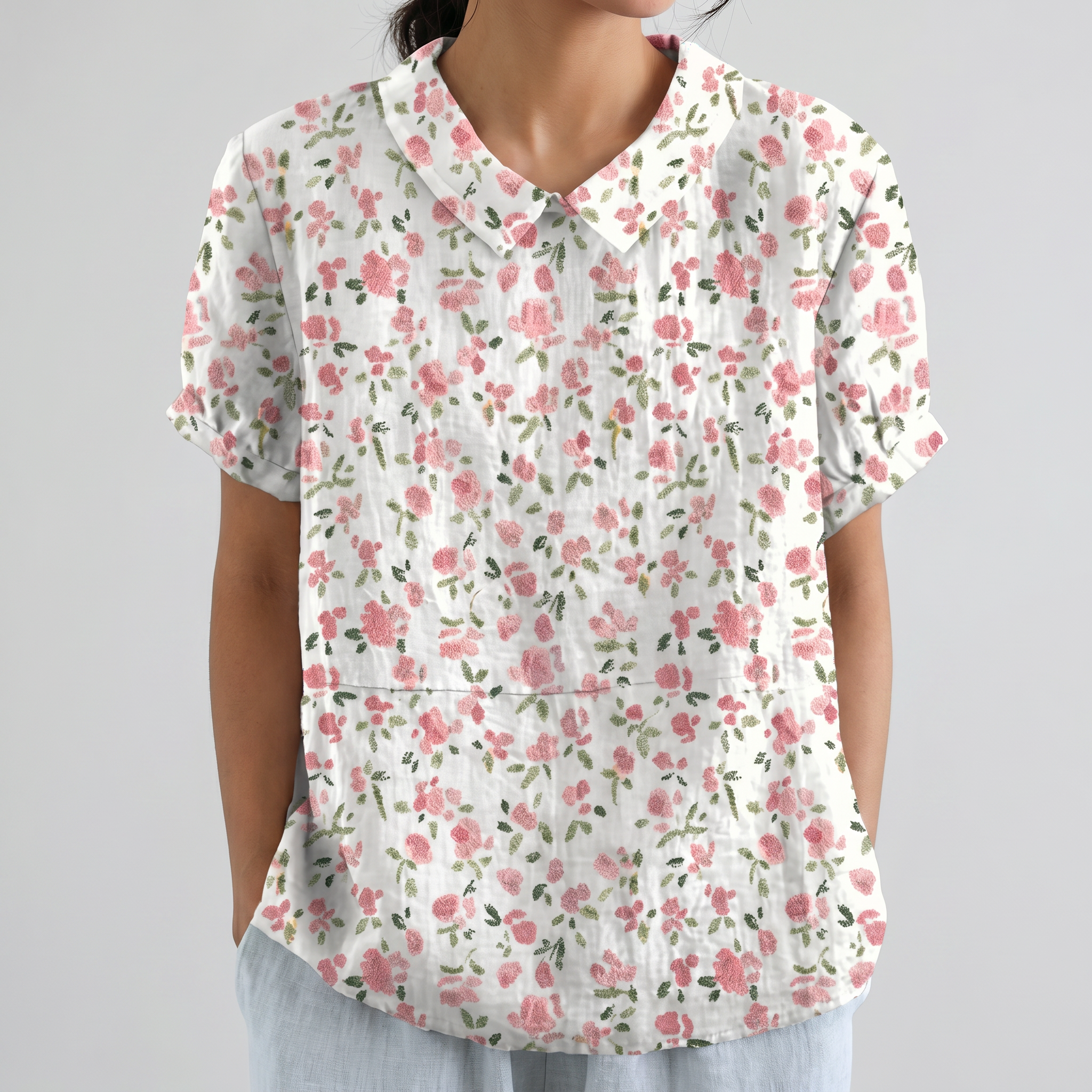 PetalCollar™ | Women's Print & Embroidery Short Sleeve Top