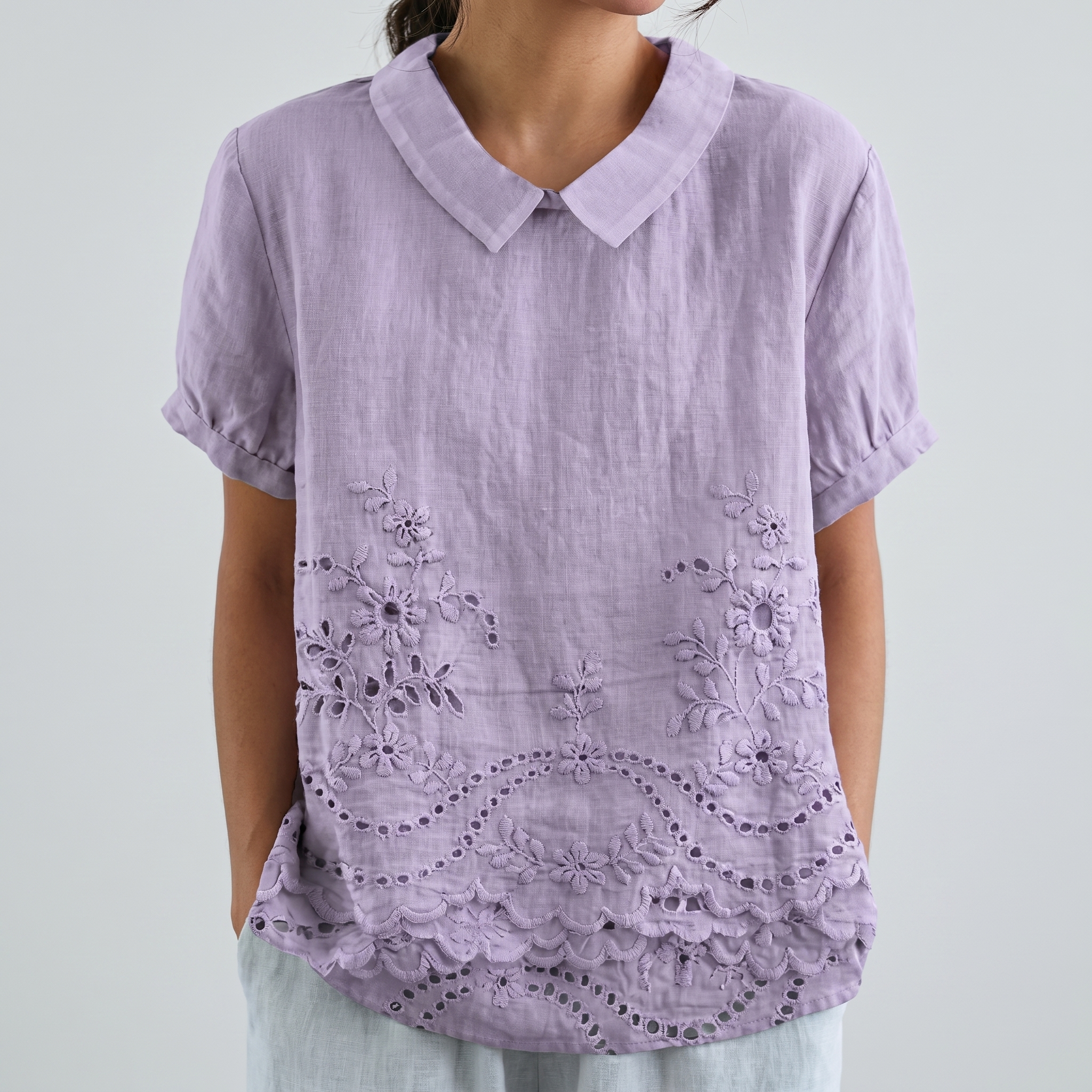 PetalCollar™ | Women's Print & Embroidery Short Sleeve Top