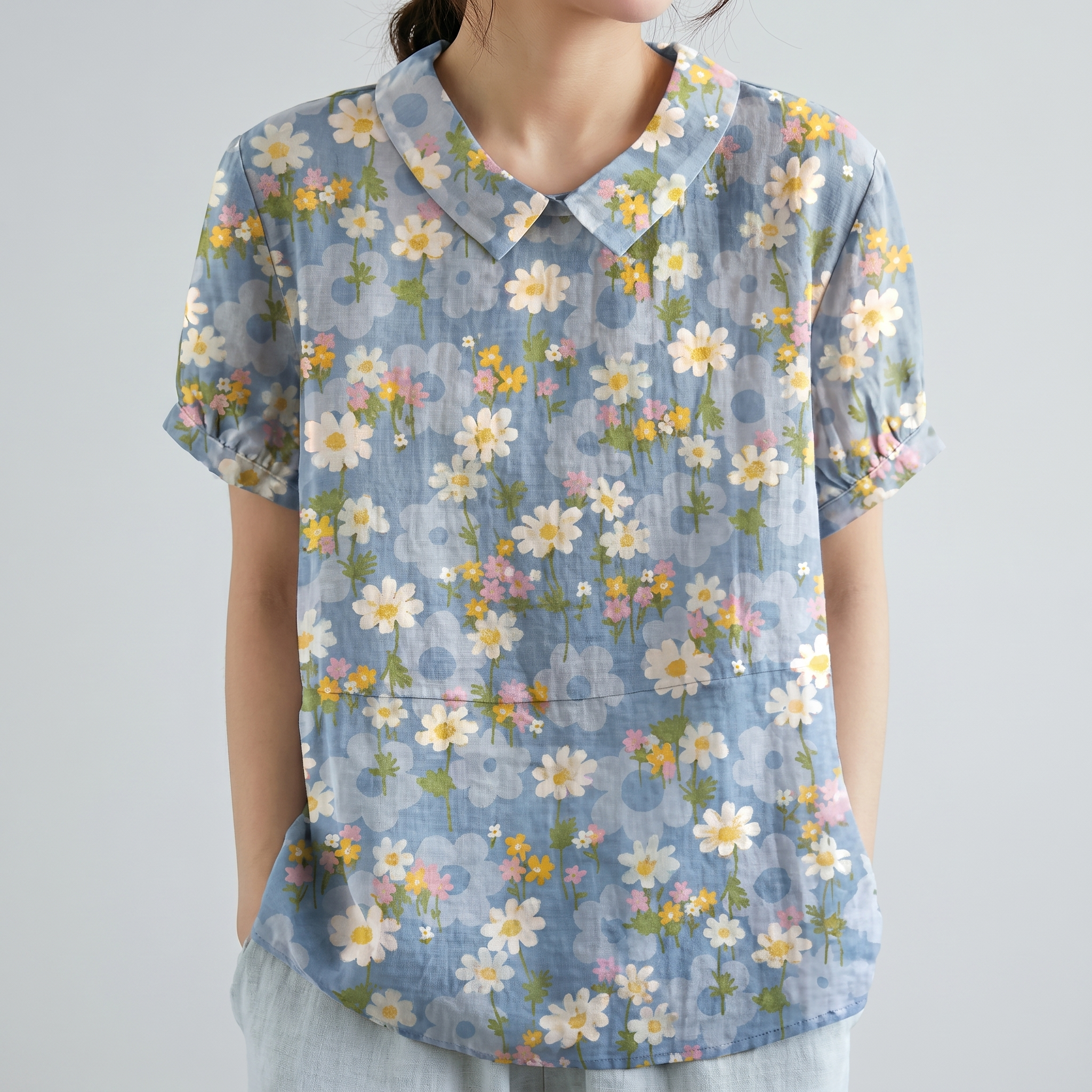 PetalCollar™ | Women's Print & Embroidery Short Sleeve Top