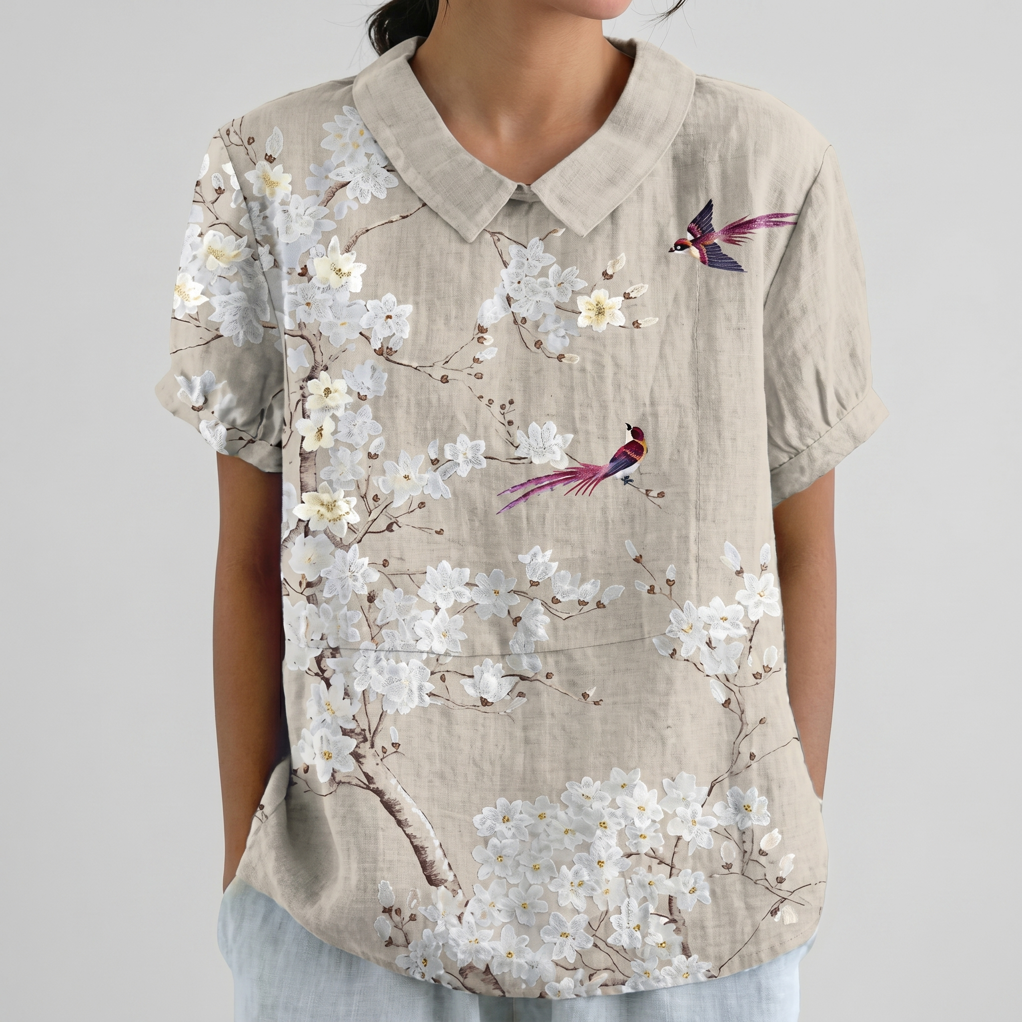 PetalCollar™ | Women's Print & Embroidery Short Sleeve Top