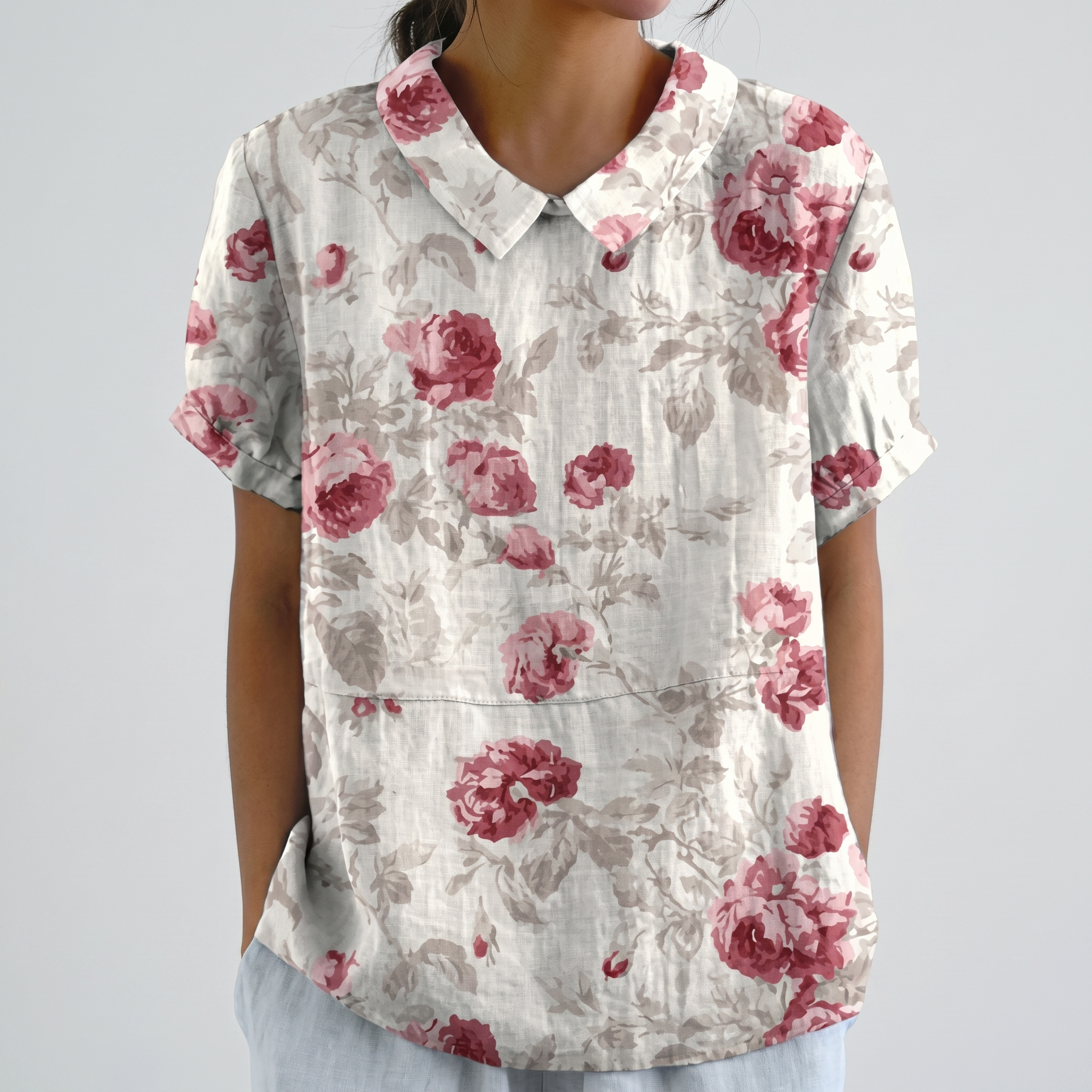 PetalCollar™ | Women's Print & Embroidery Short Sleeve Top