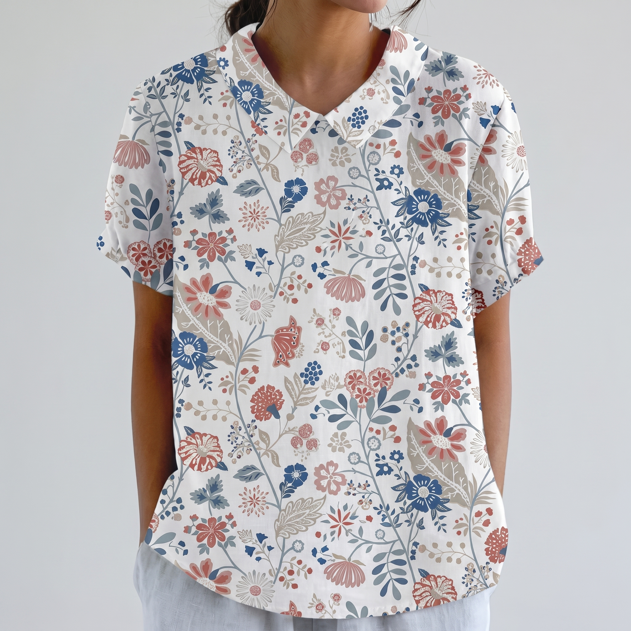 PetalCollar™ | Women's Print & Embroidery Short Sleeve Top