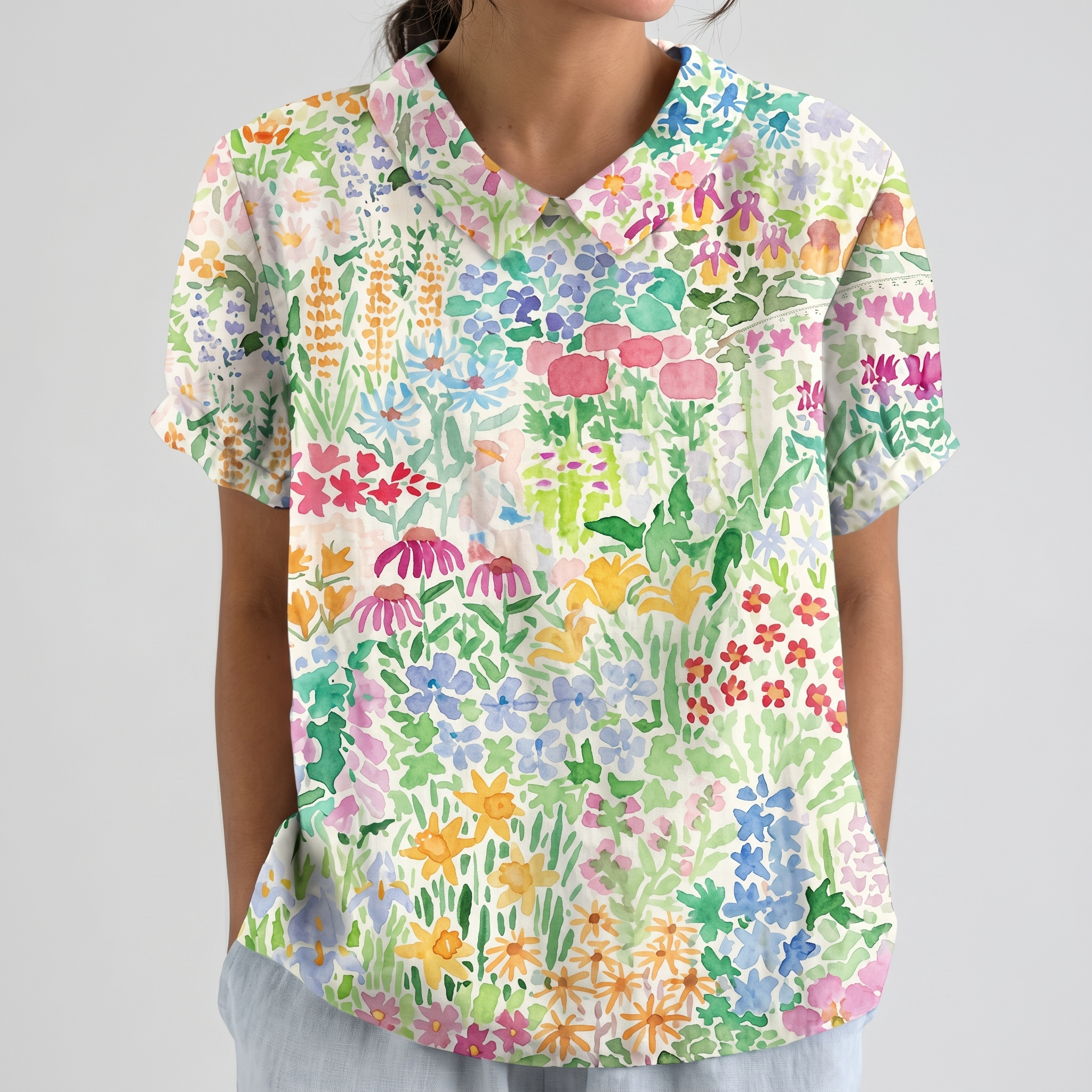 PetalCollar™ | Women's Print & Embroidery Short Sleeve Top