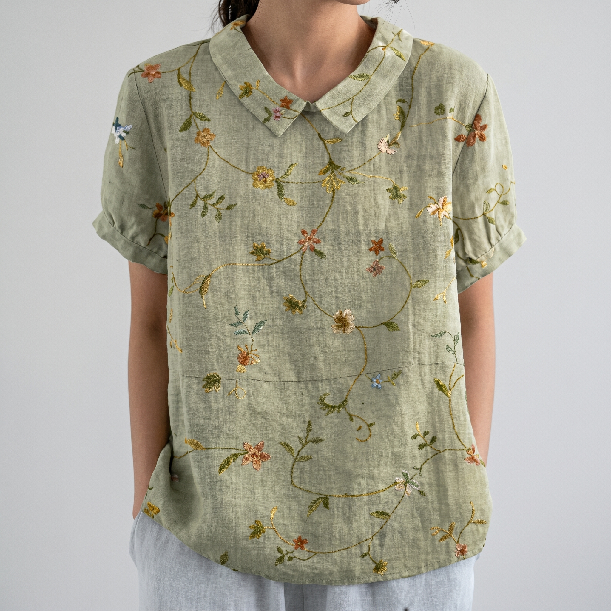 PetalCollar™ | Women's Print & Embroidery Short Sleeve Top