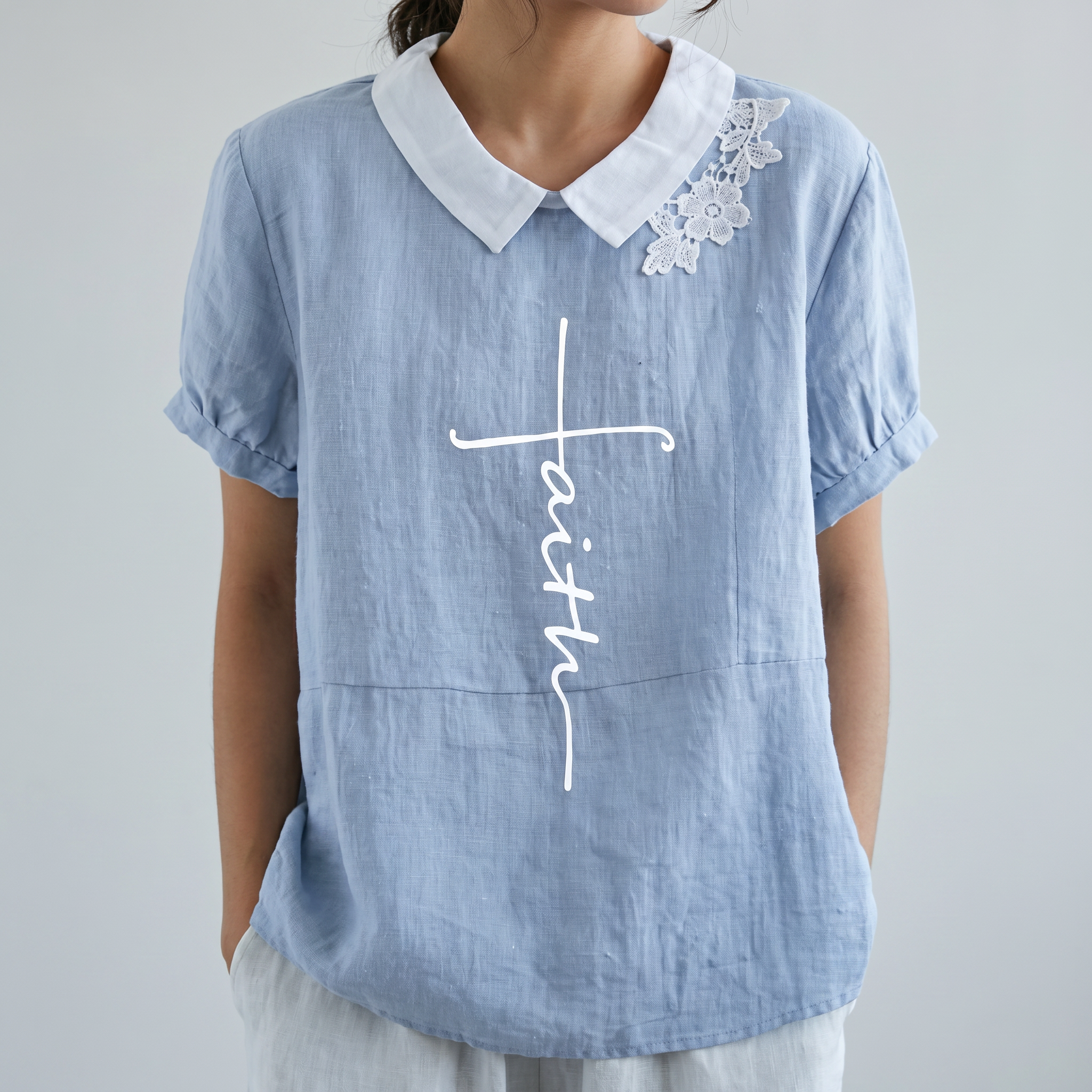 PetalCollar™ | Women's Print & Embroidery Short Sleeve Top