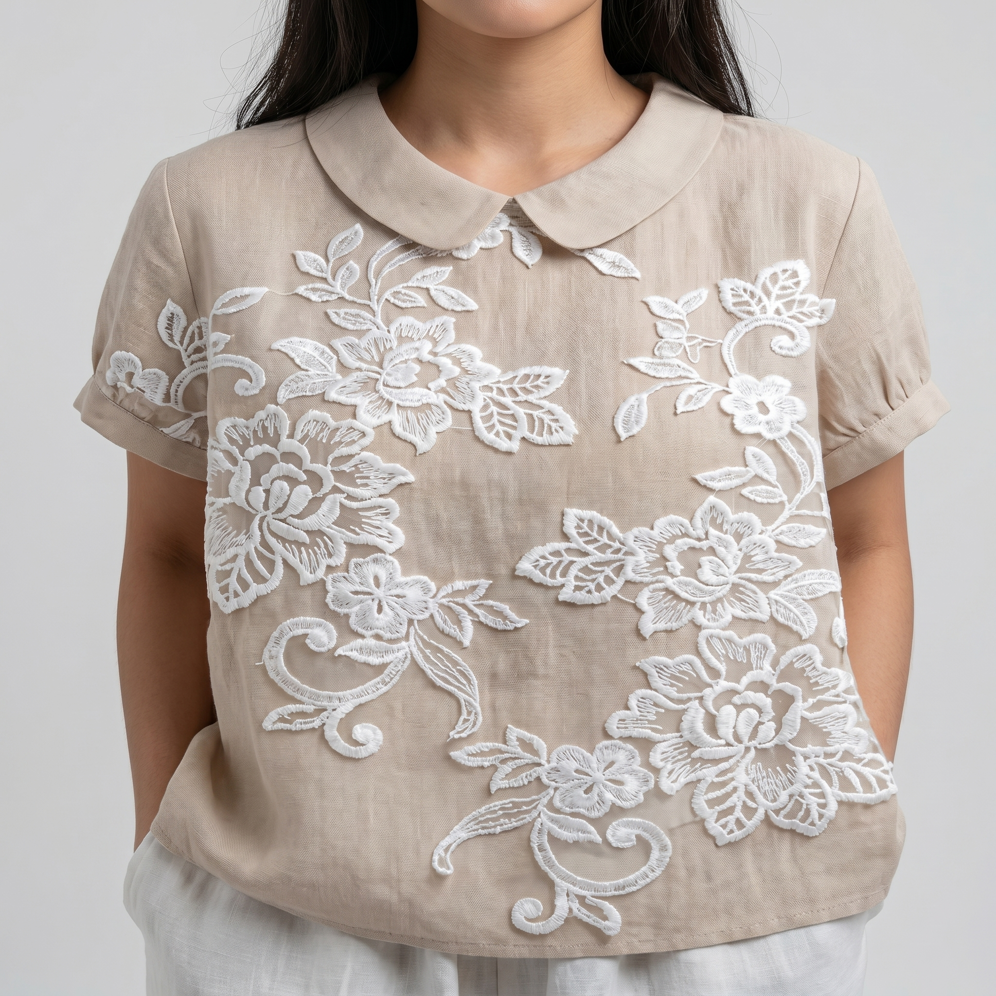 PetalCollar™ | Women's Print & Embroidery Short Sleeve Top
