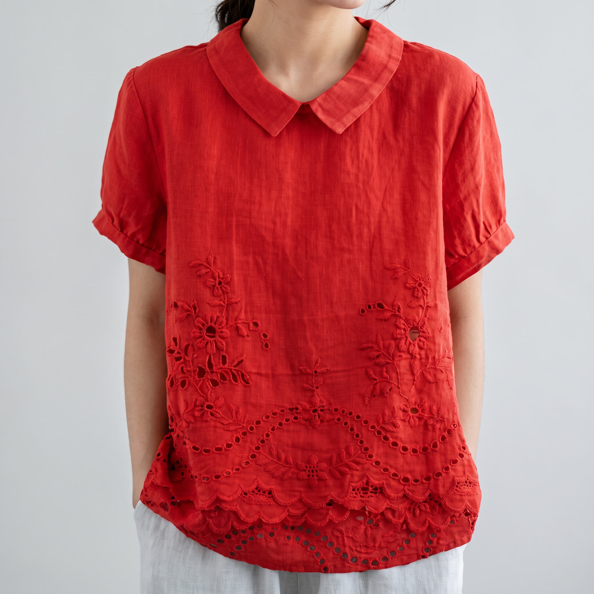 PetalCollar™ | Women's Print & Embroidery Short Sleeve Top