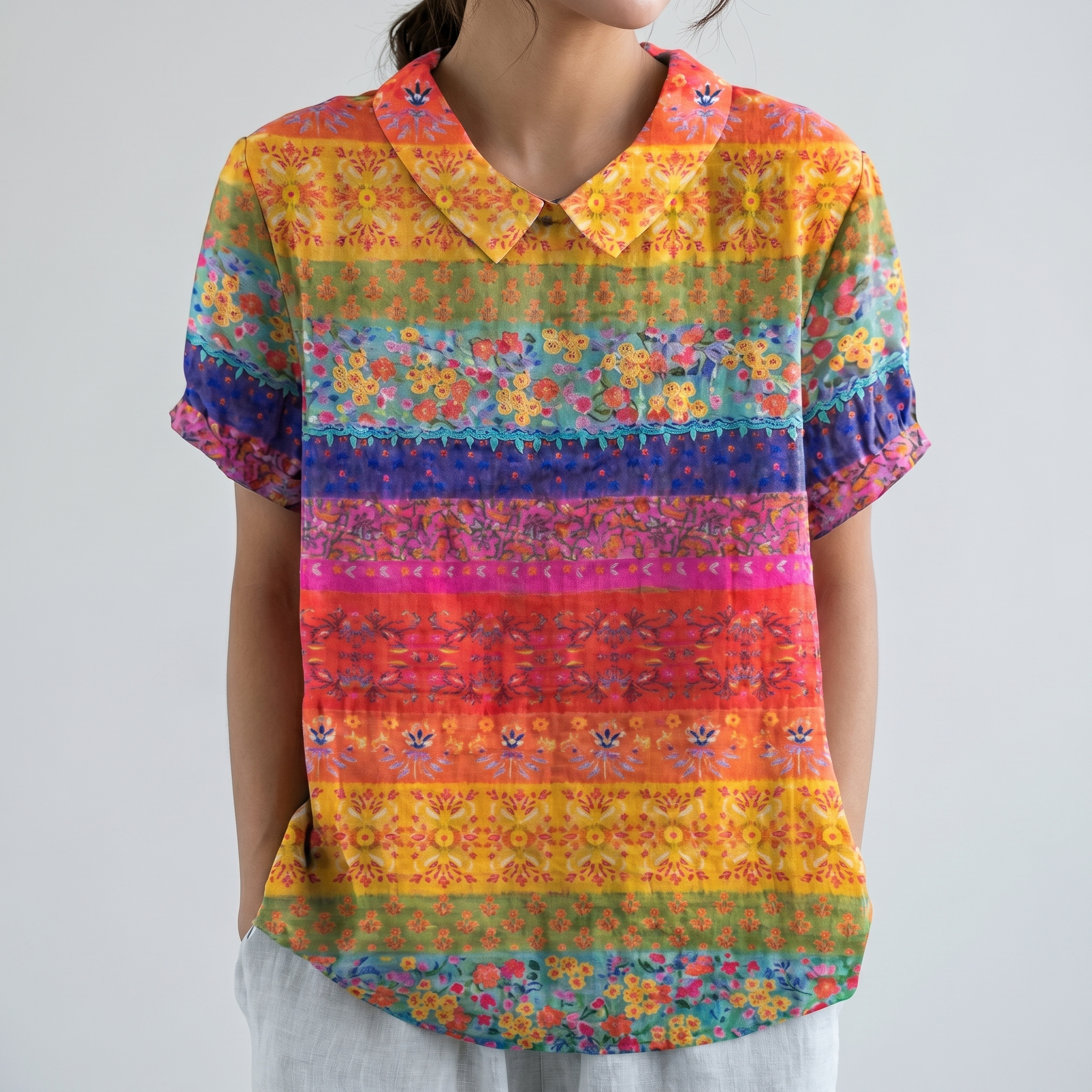 PetalCollar™ | Women's Print & Embroidery Short Sleeve Top
