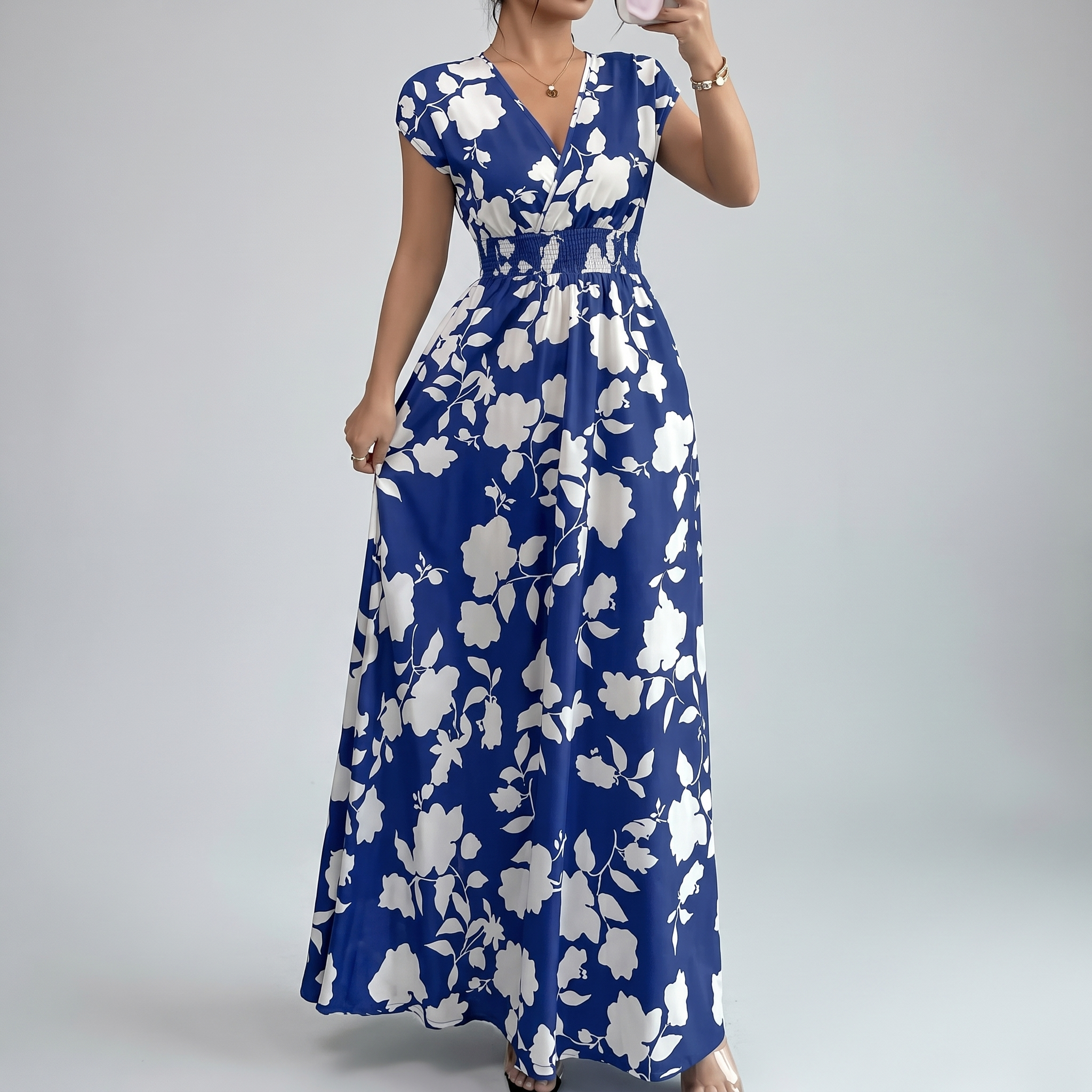 Elegant Floral Smocked Maxi Dress
