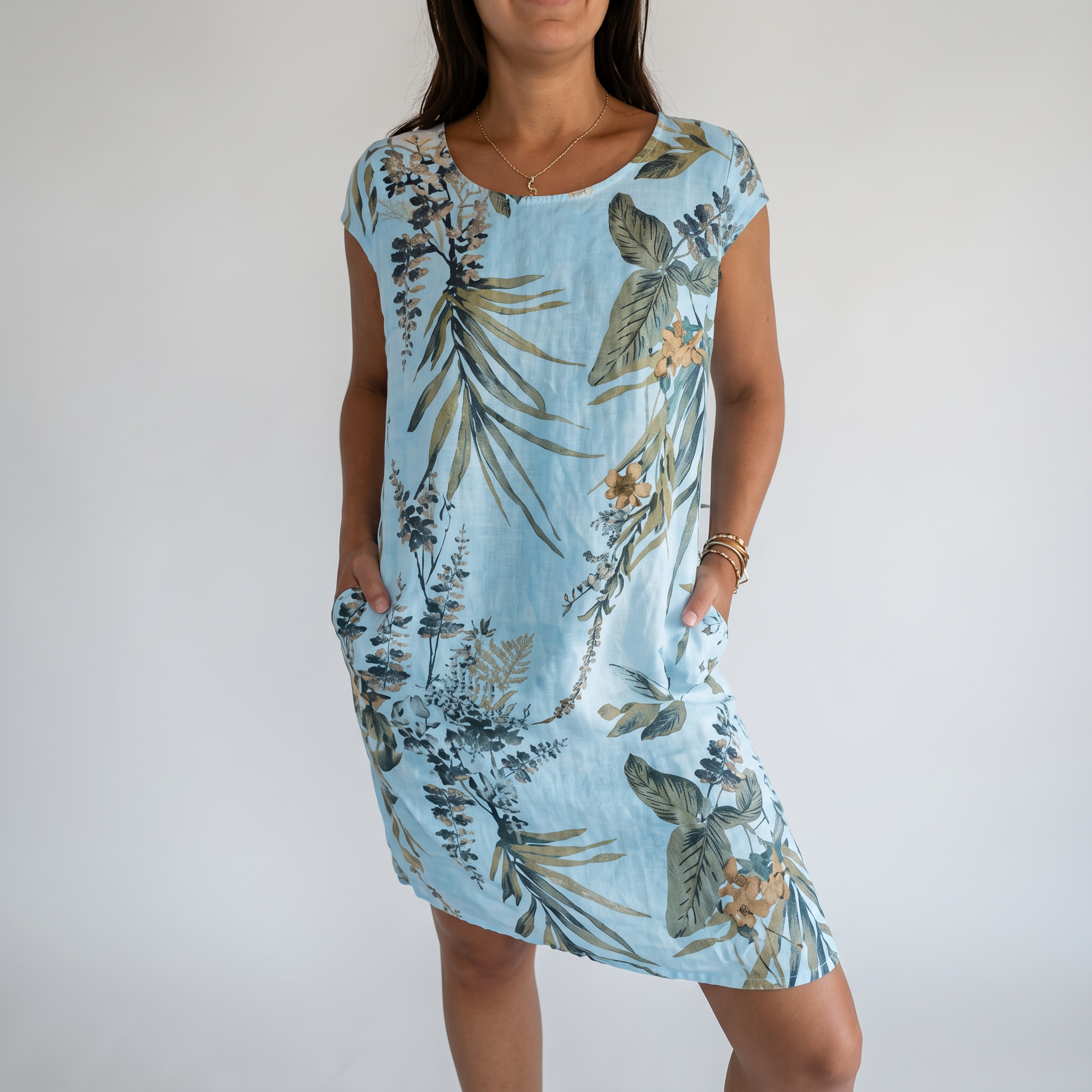 Breathable Tropical Print Side-Pocket Shift Dress