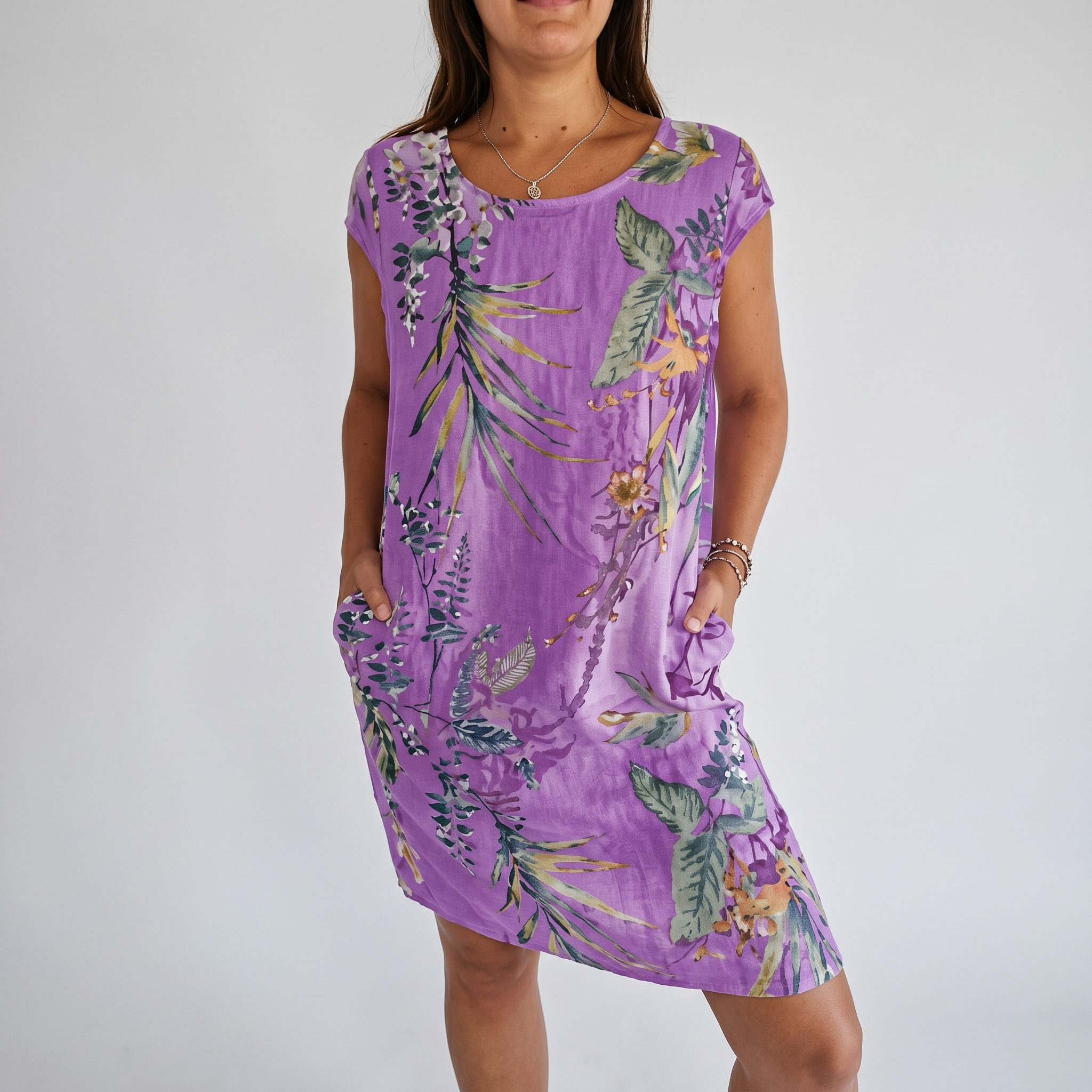 Breathable Tropical Print Side-Pocket Shift Dress