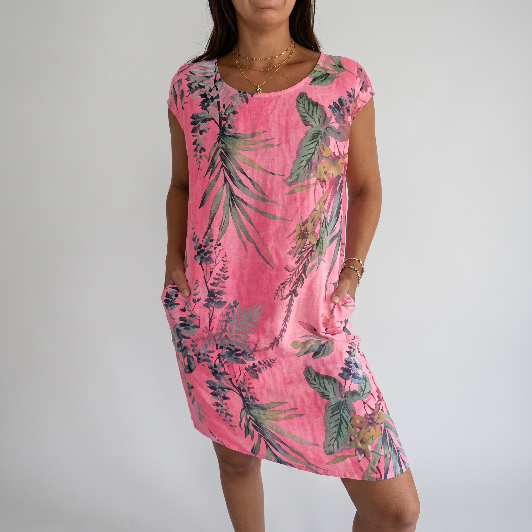 Breathable Tropical Print Side-Pocket Shift Dress