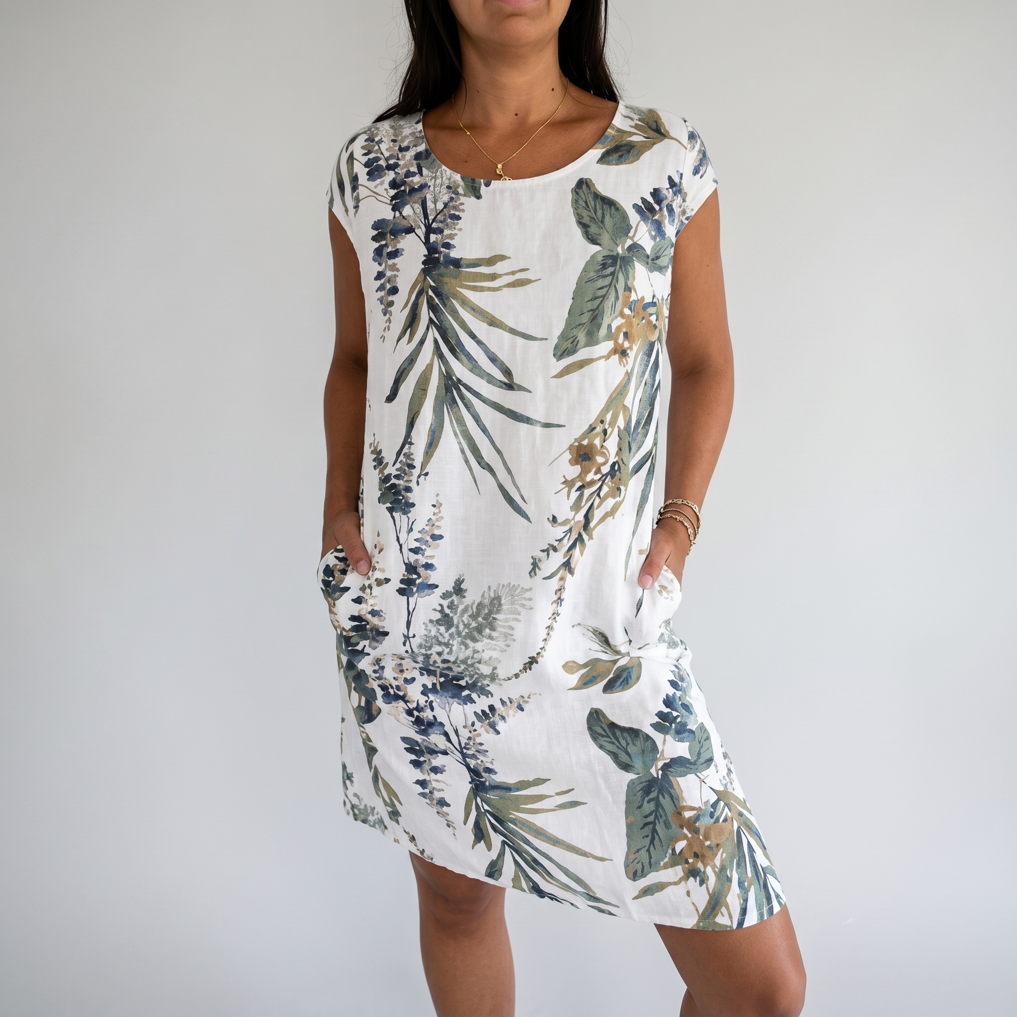 Breathable Tropical Print Side-Pocket Shift Dress