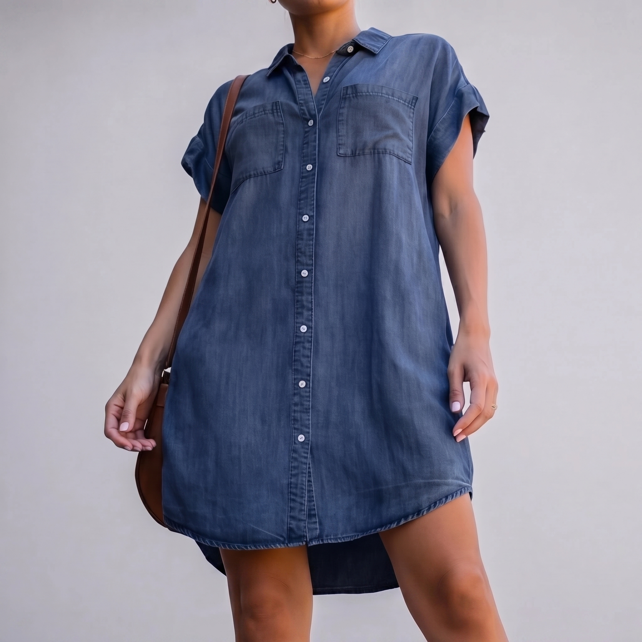 Effortless Versatile Short-Sleeve Denim Shirt-Dress