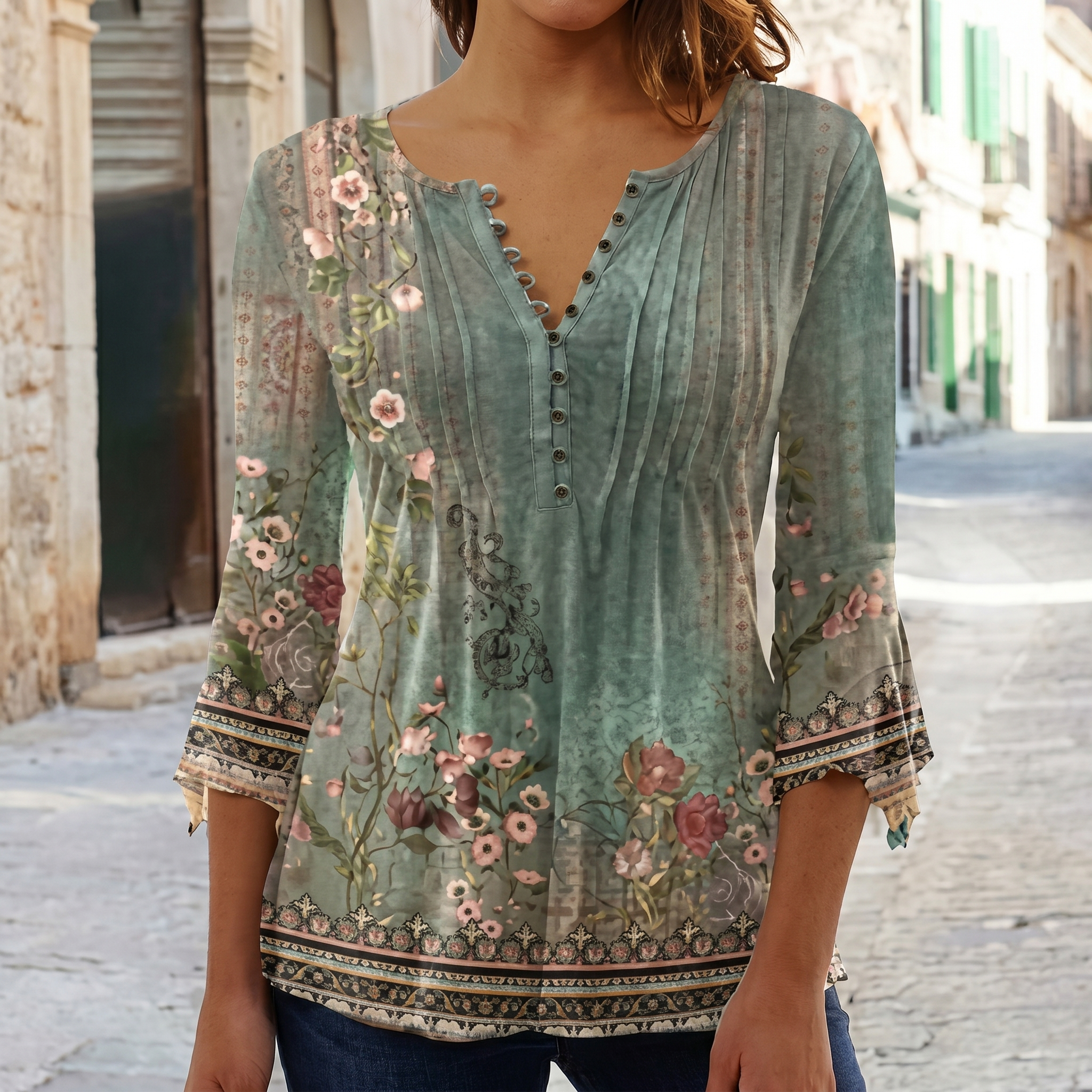 Floral Pintuck Bell Sleeve Blouse
