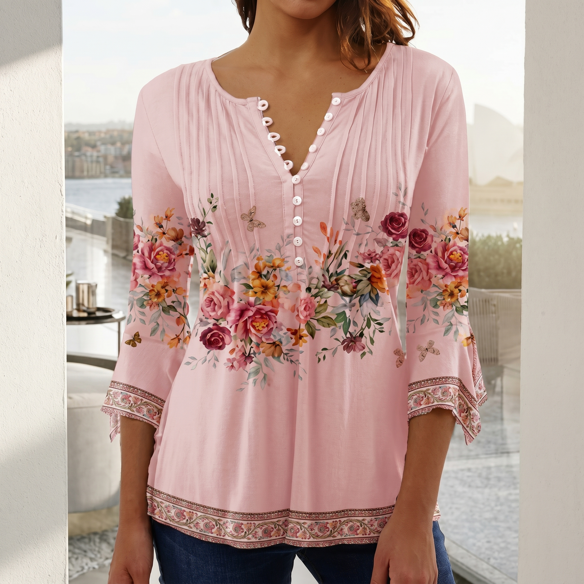 Floral Pintuck Bell Sleeve Blouse