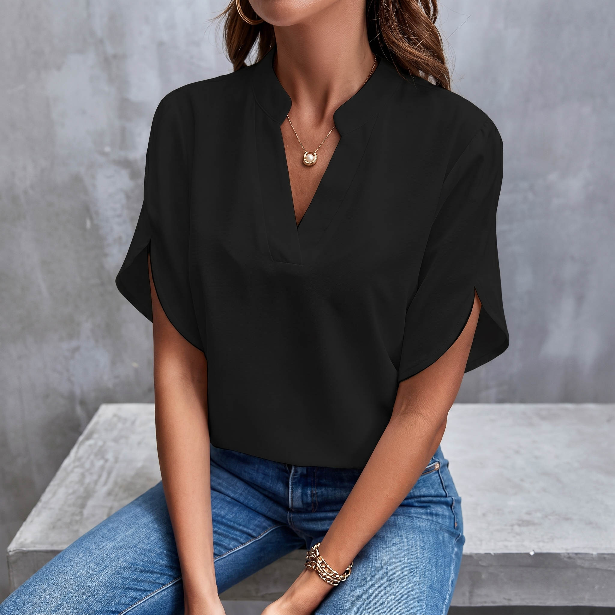 Notch Neck Tulip Sleeve Blouse