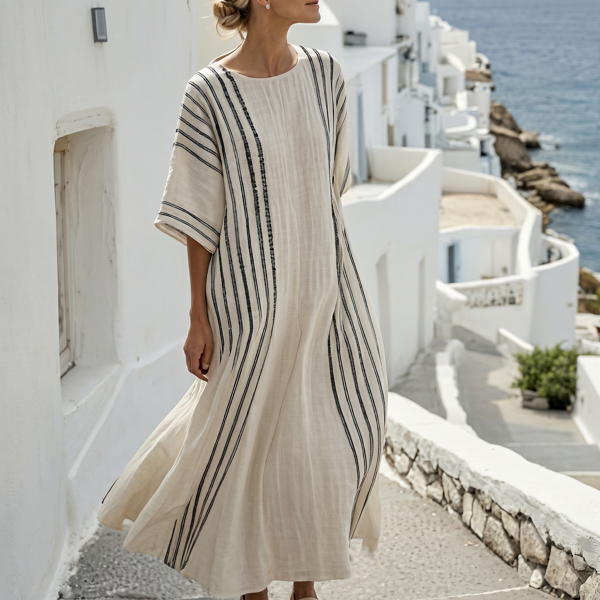 Striped Embroidered V-Neck Dress