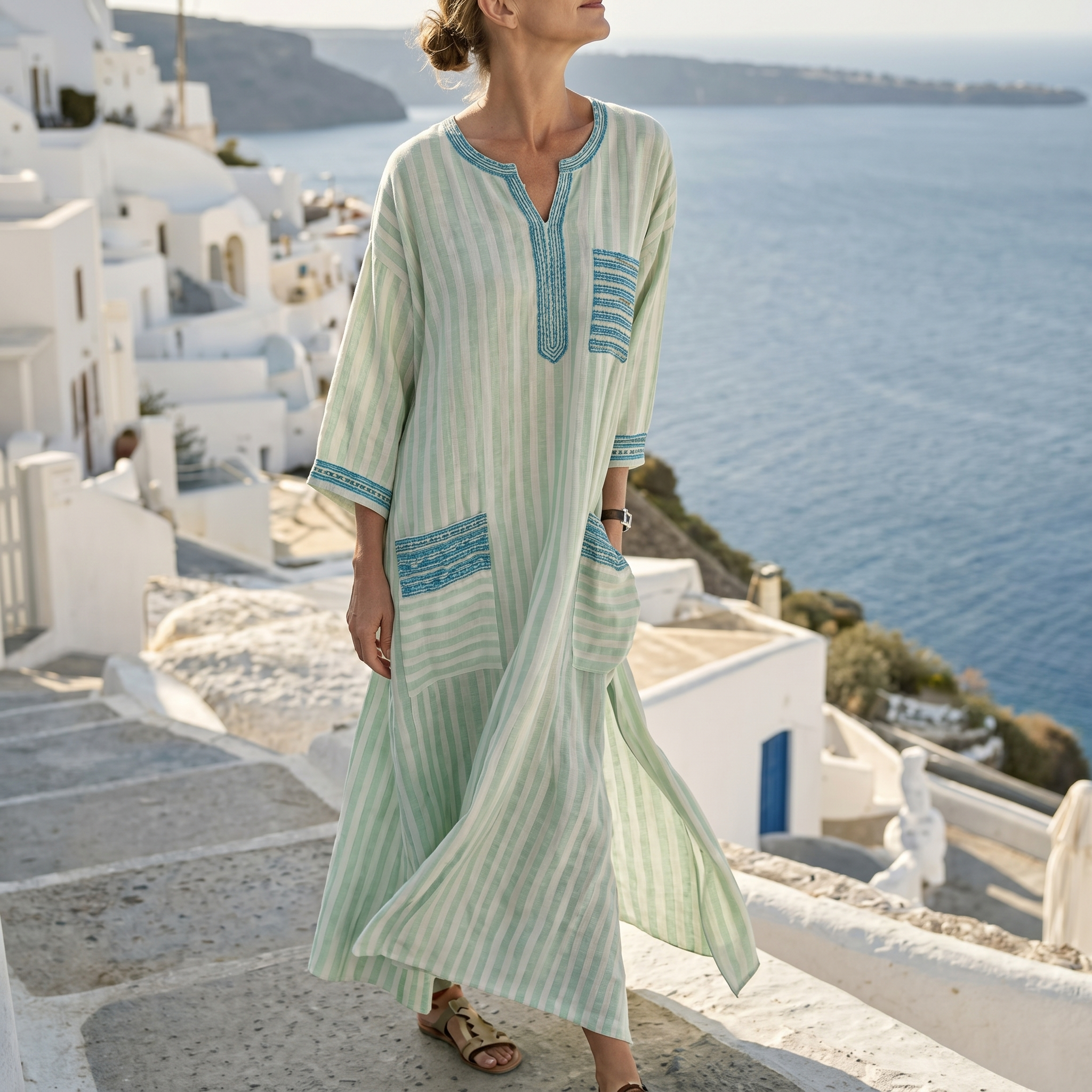 Striped Embroidered V-Neck Dress