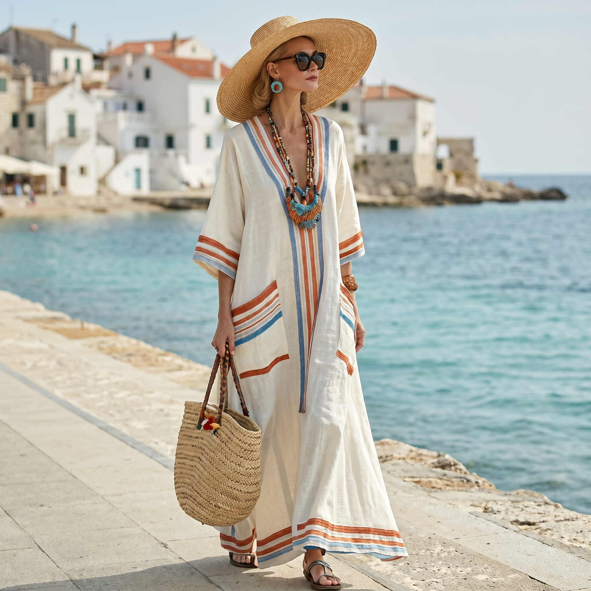 Striped Embroidered V-Neck Dress