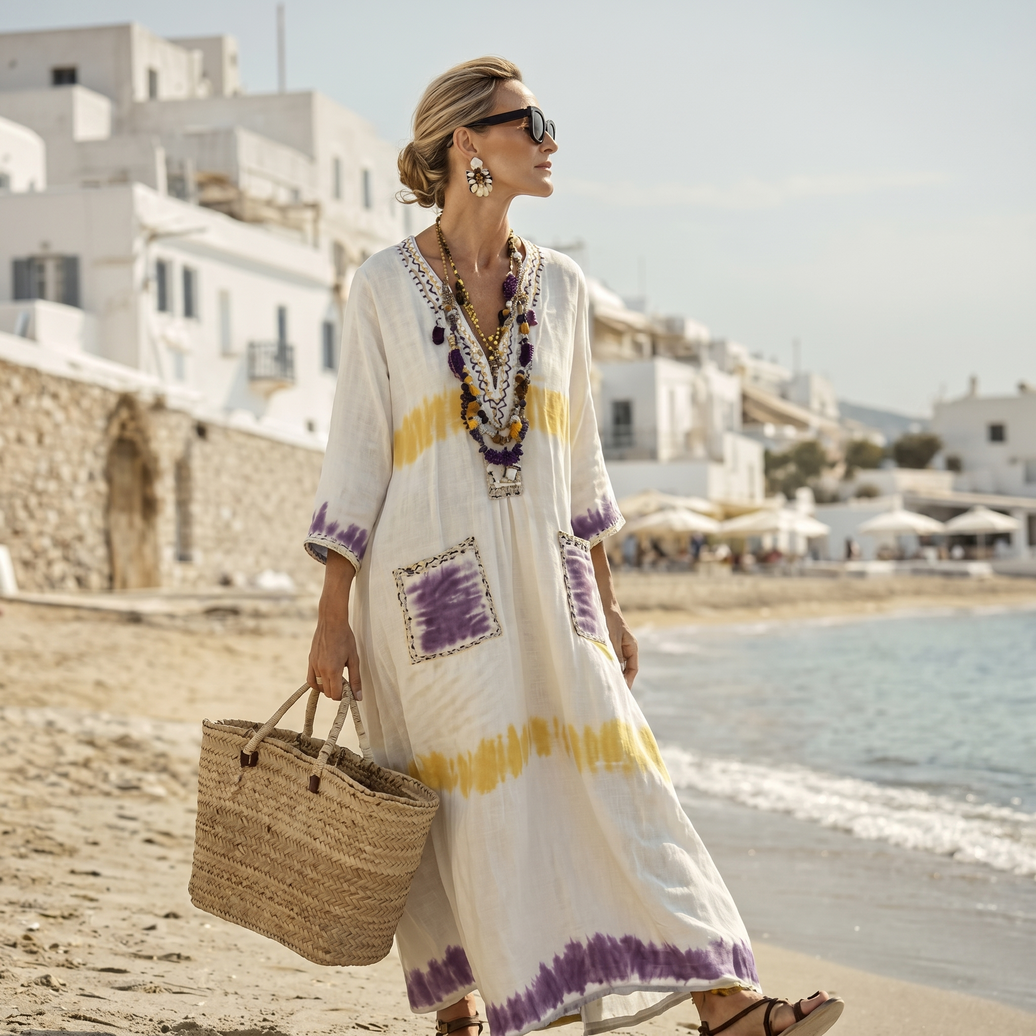 Striped Embroidered V-Neck Dress