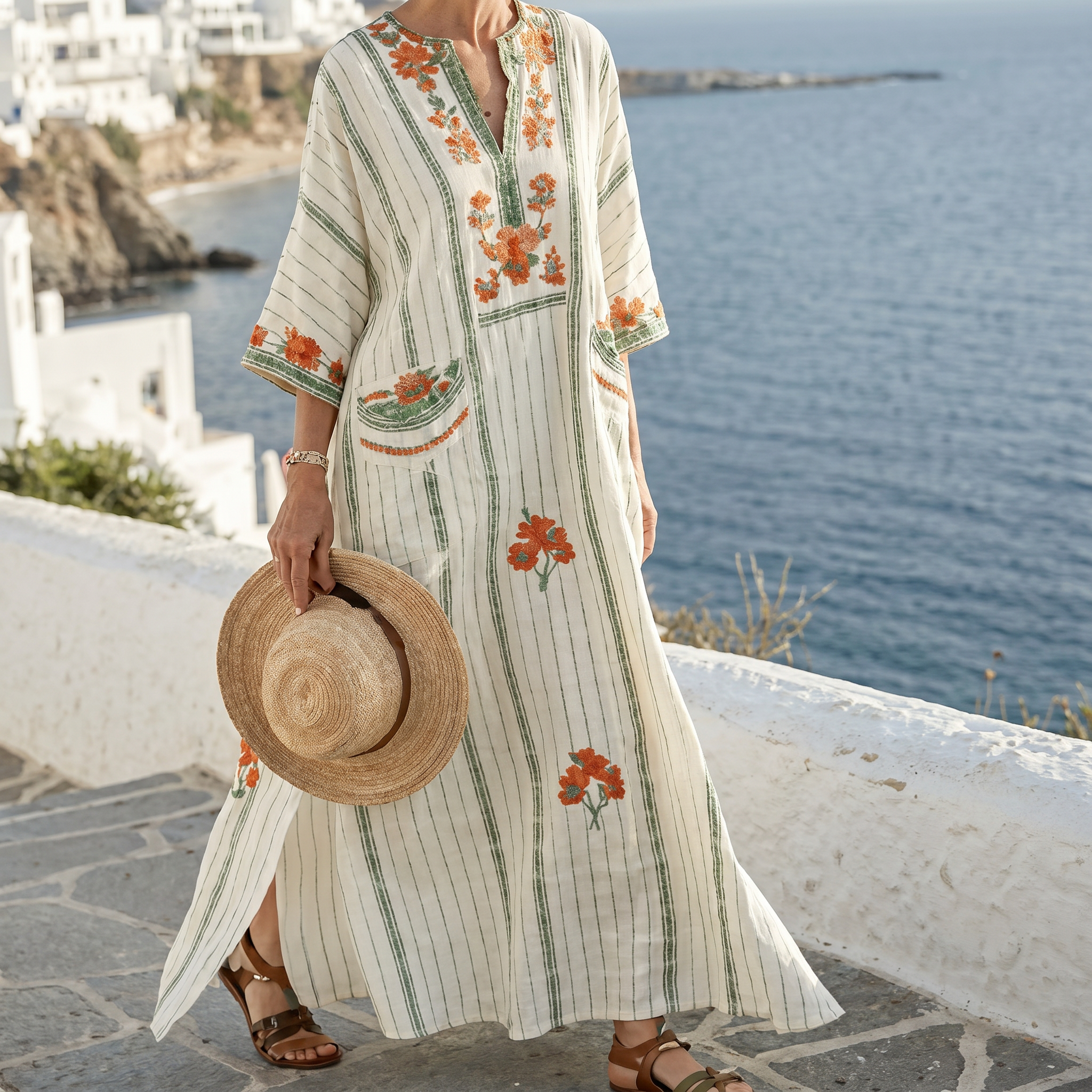 Striped Embroidered V-Neck Dress