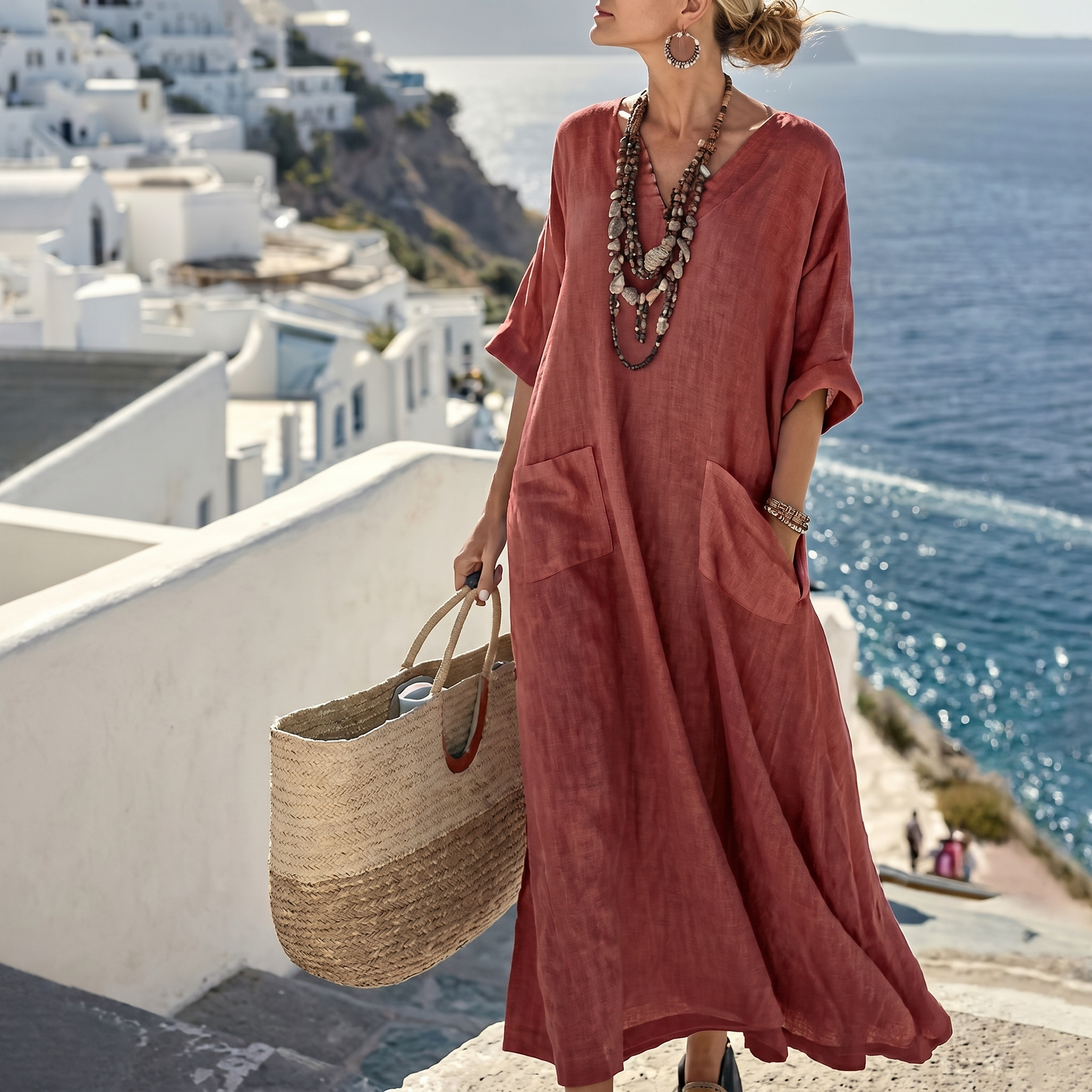 Striped Embroidered V-Neck Dress