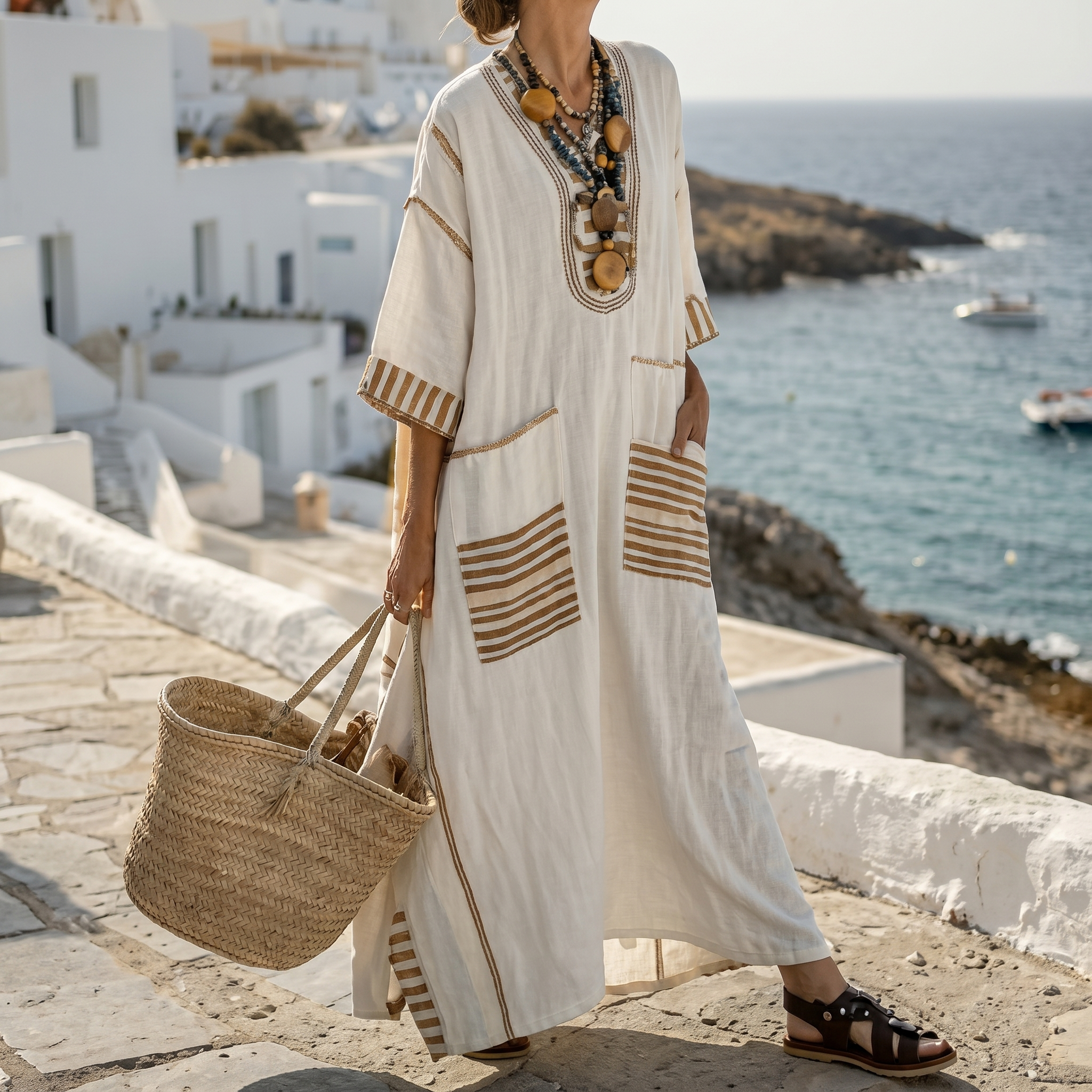 Striped Embroidered V-Neck Dress