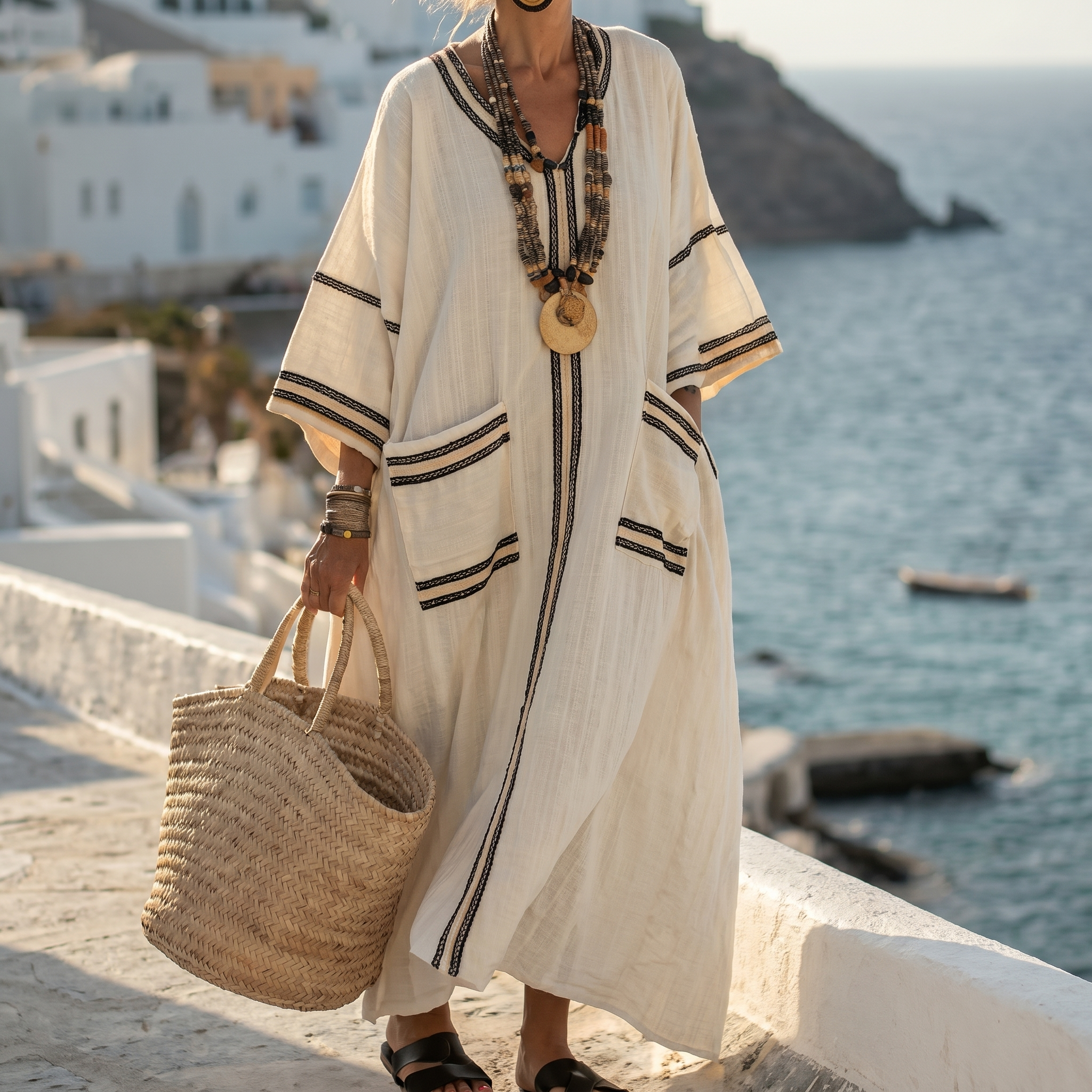 Striped Embroidered V-Neck Dress