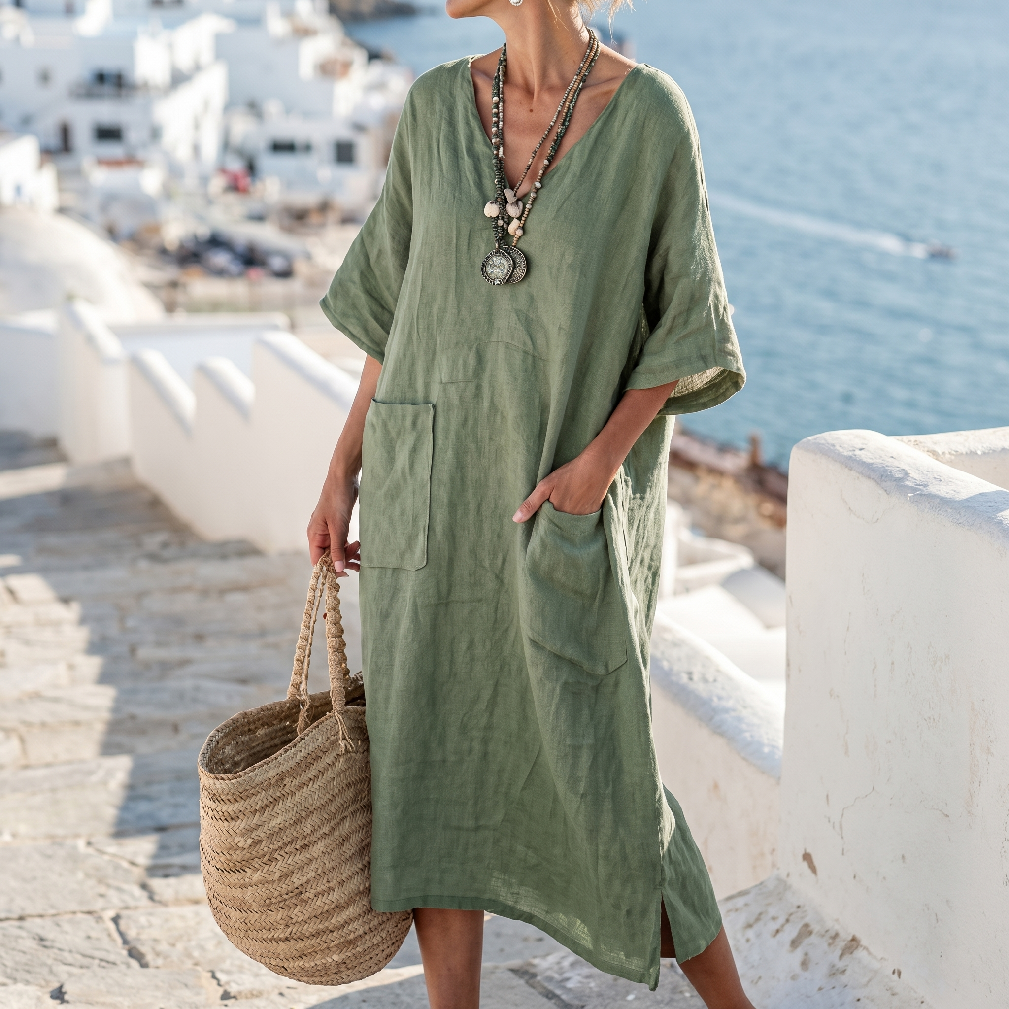 Striped Embroidered V-Neck Dress