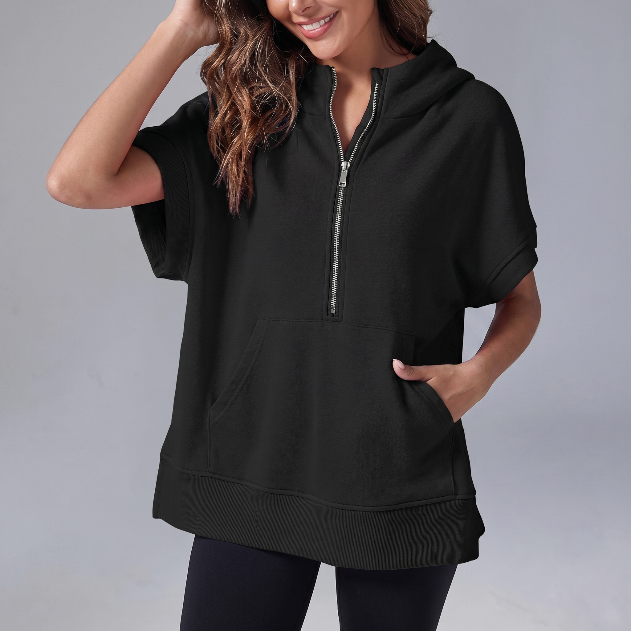 Short-Sleeve Quarter-Zip Hooded Pullover