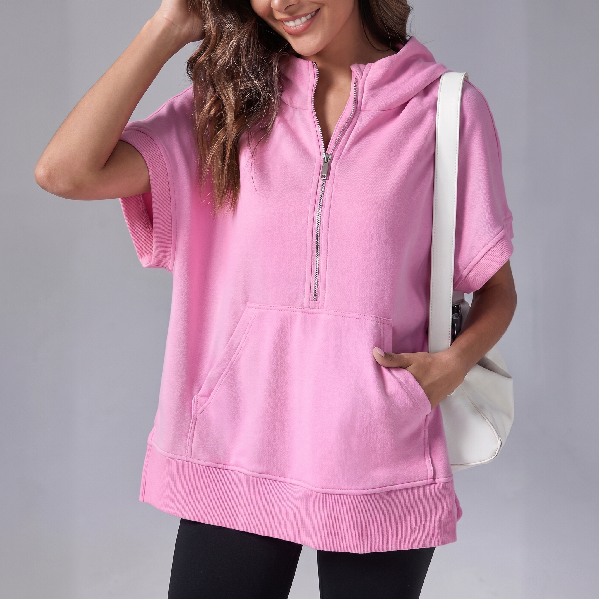 Short-Sleeve Quarter-Zip Hooded Pullover