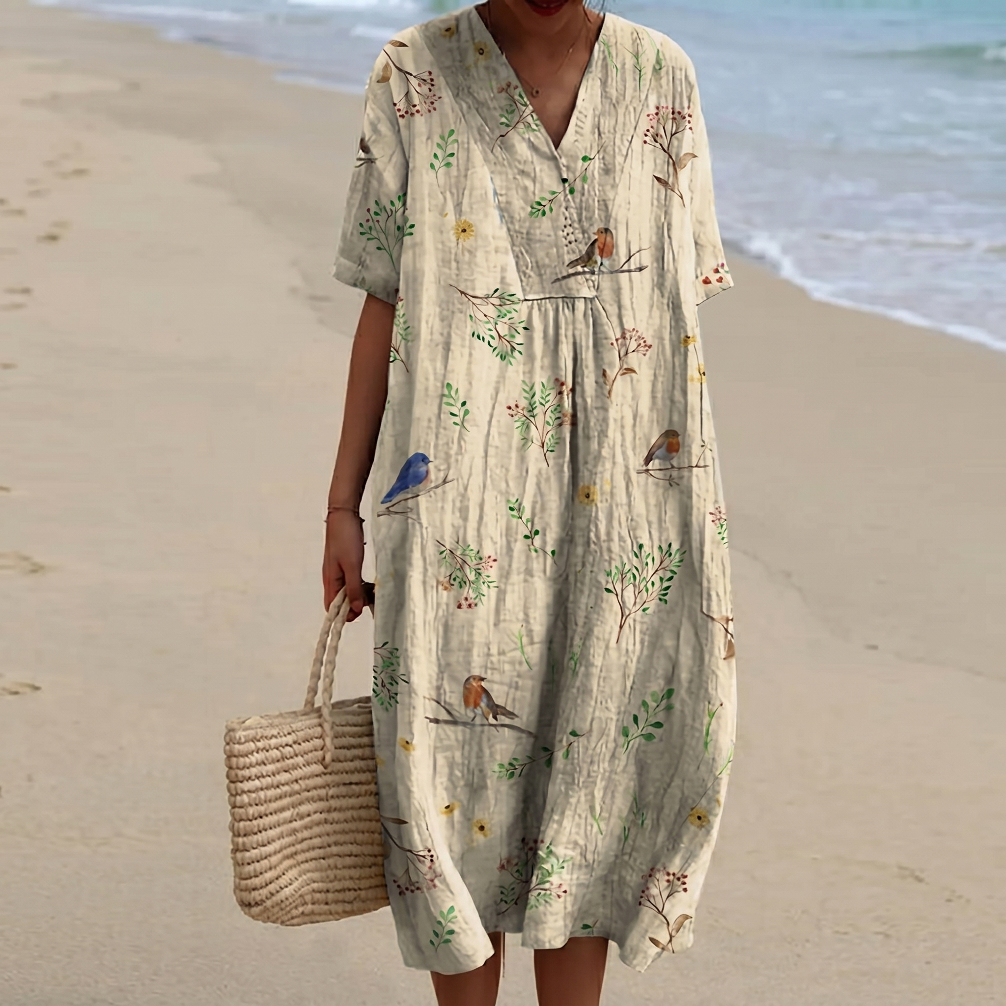 Striped Embroidered V-Neck Kaftan Dress