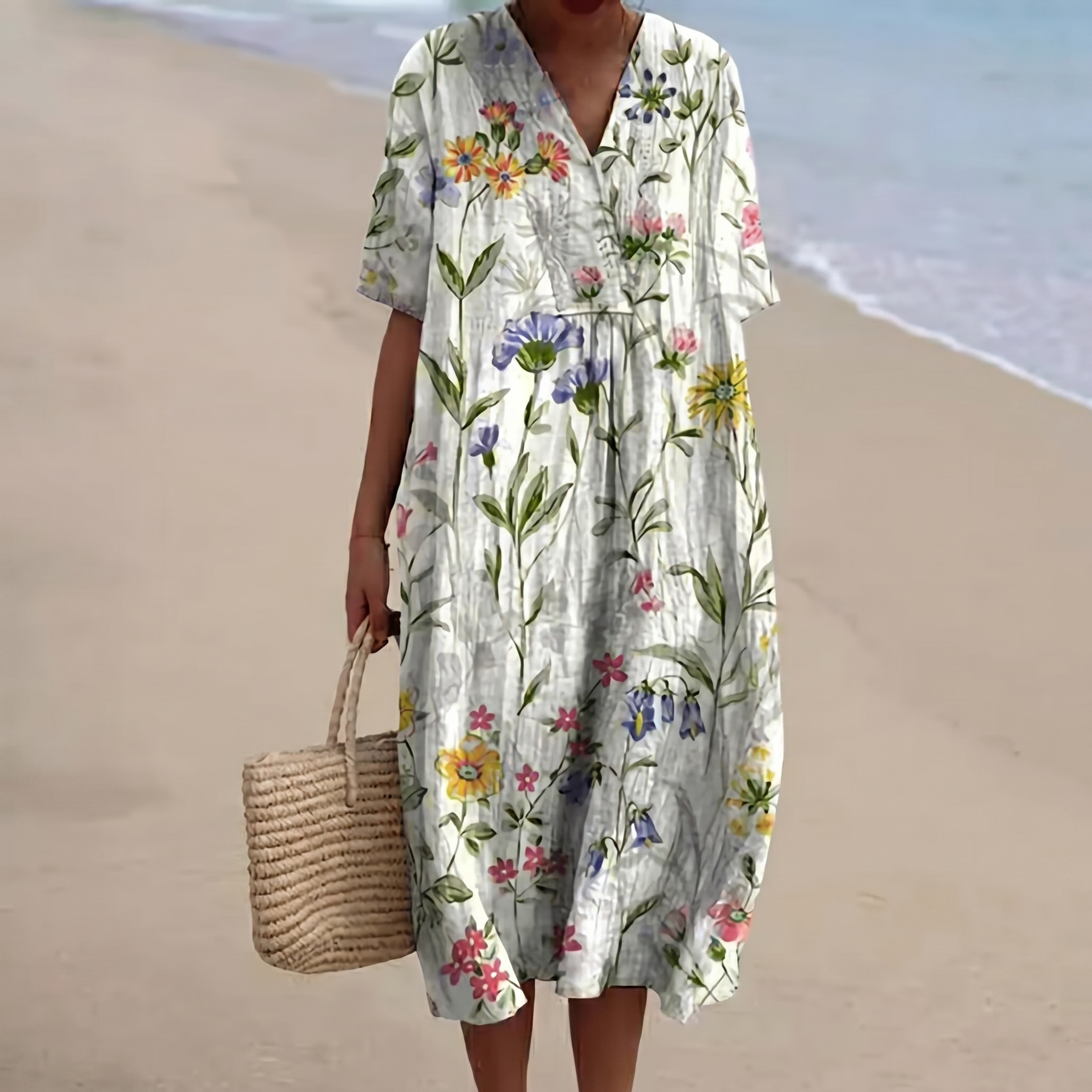 Striped Embroidered V-Neck Kaftan Dress
