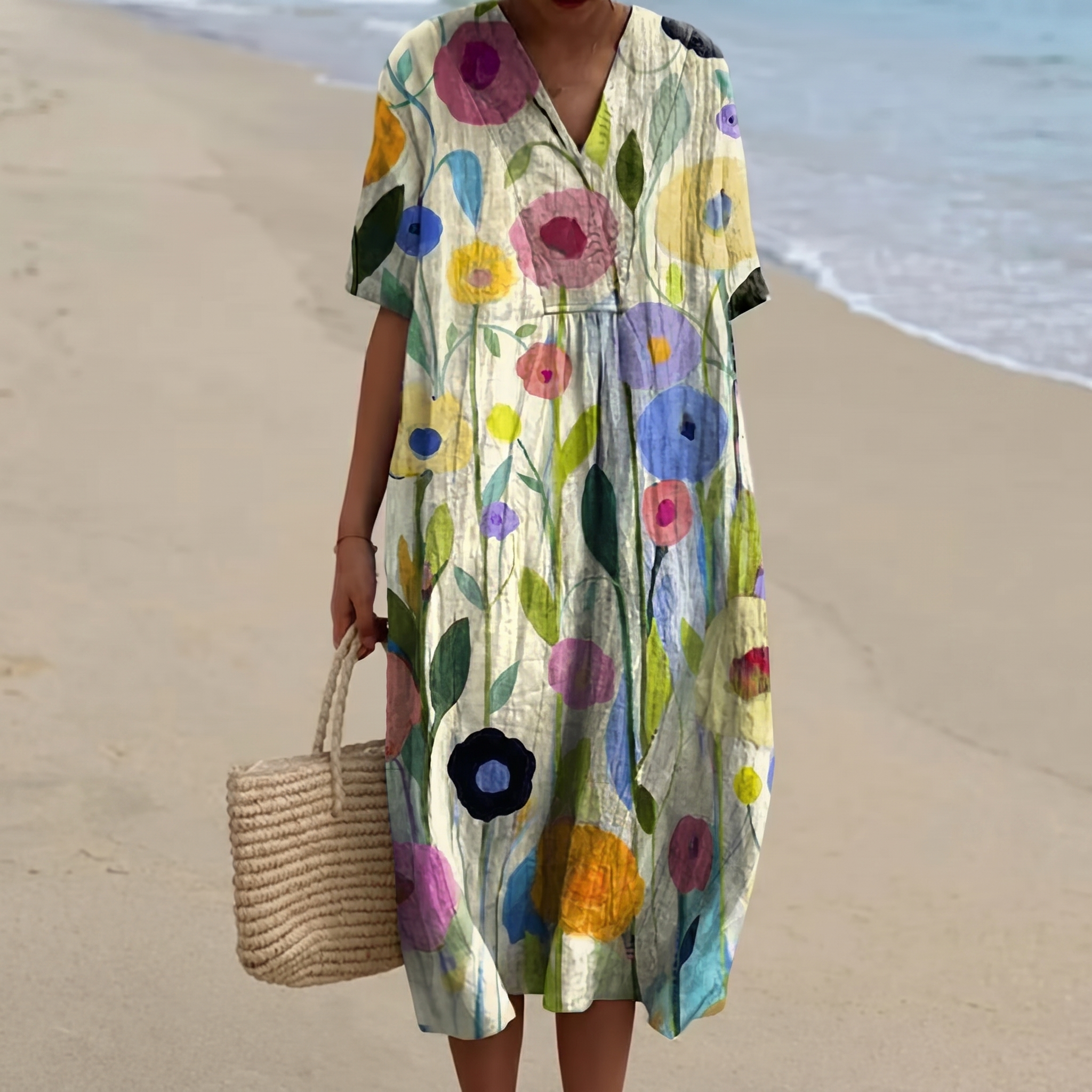 Striped Embroidered V-Neck Kaftan Dress