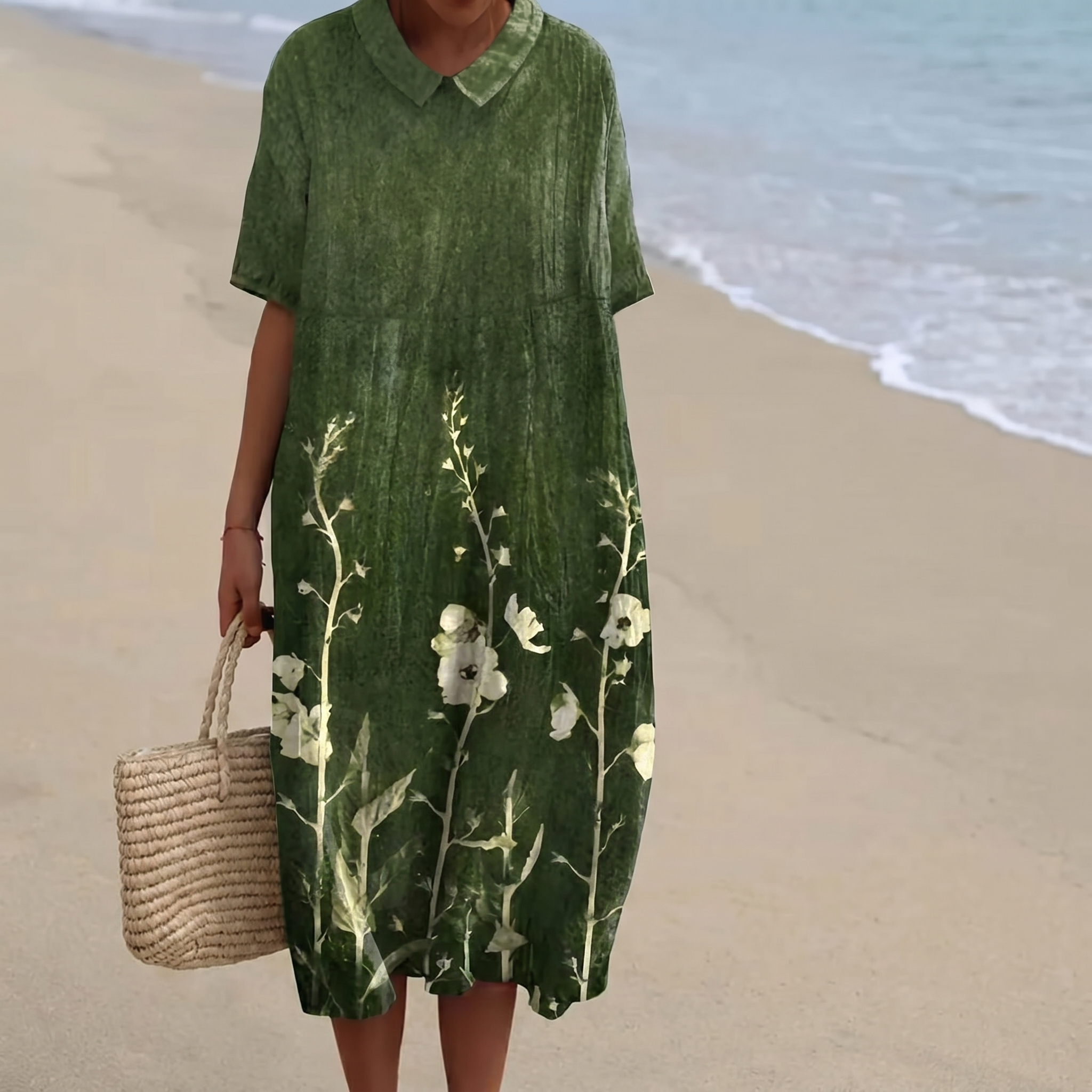 Striped Embroidered V-Neck Kaftan Dress