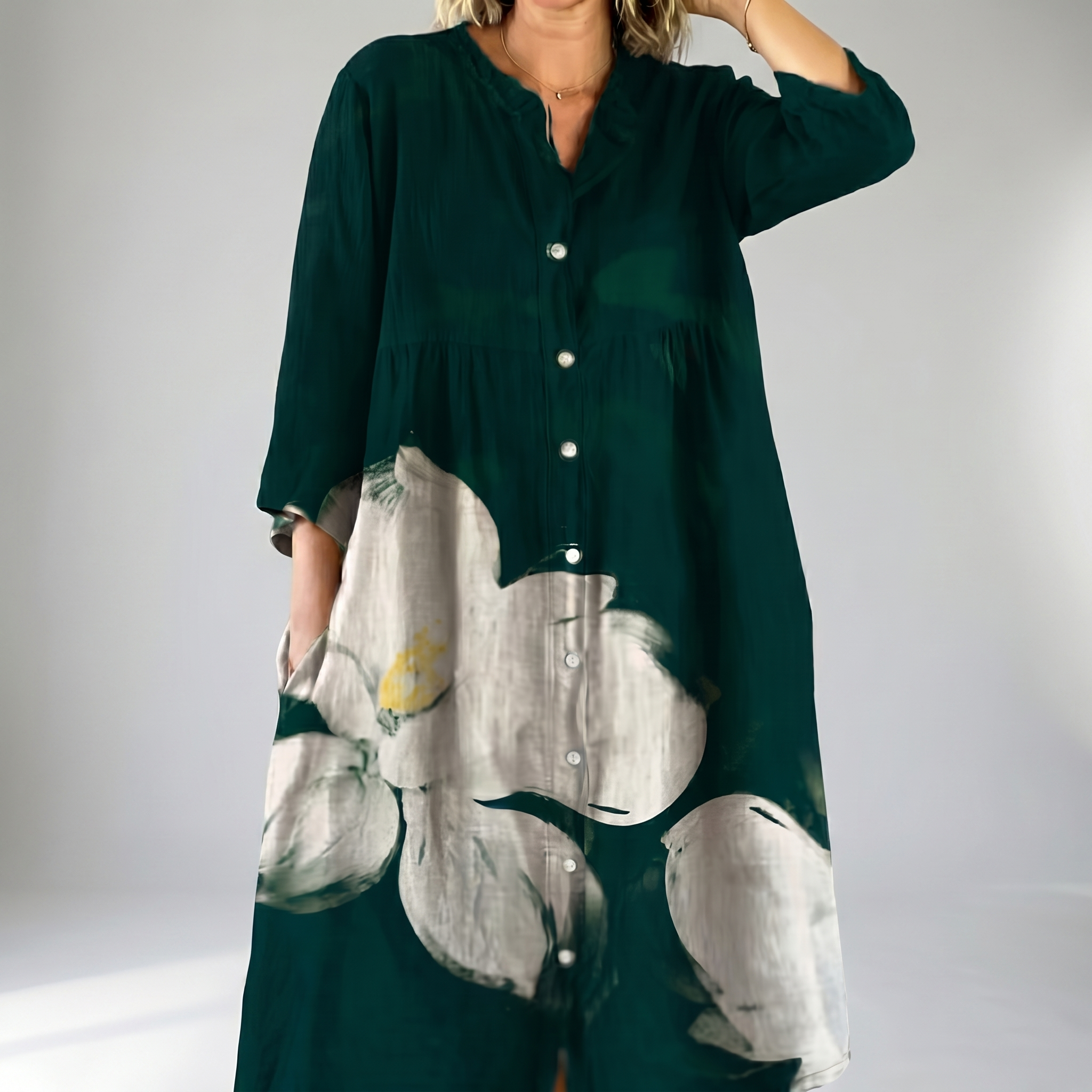 Elegant Floral Loose Button Dress