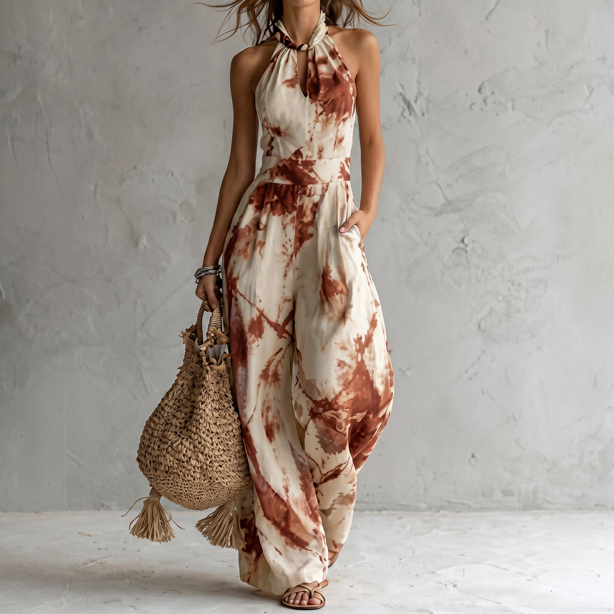 Halter Neck Ink Wash Print Wide Leg Jumpsuit With Pockets