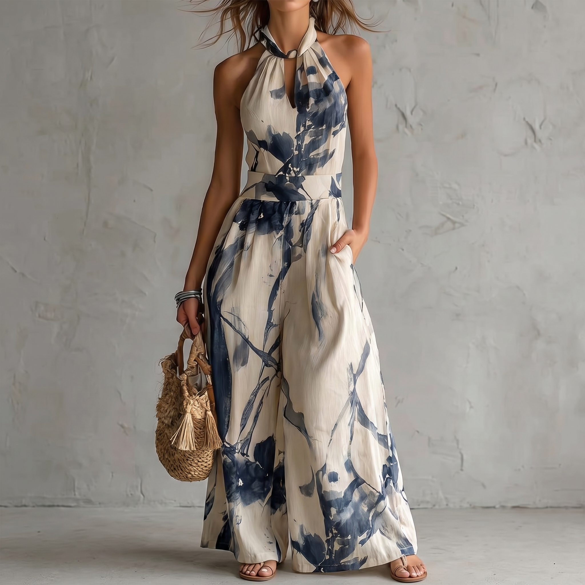 Halter Neck Ink Wash Print Wide Leg Jumpsuit With Pockets