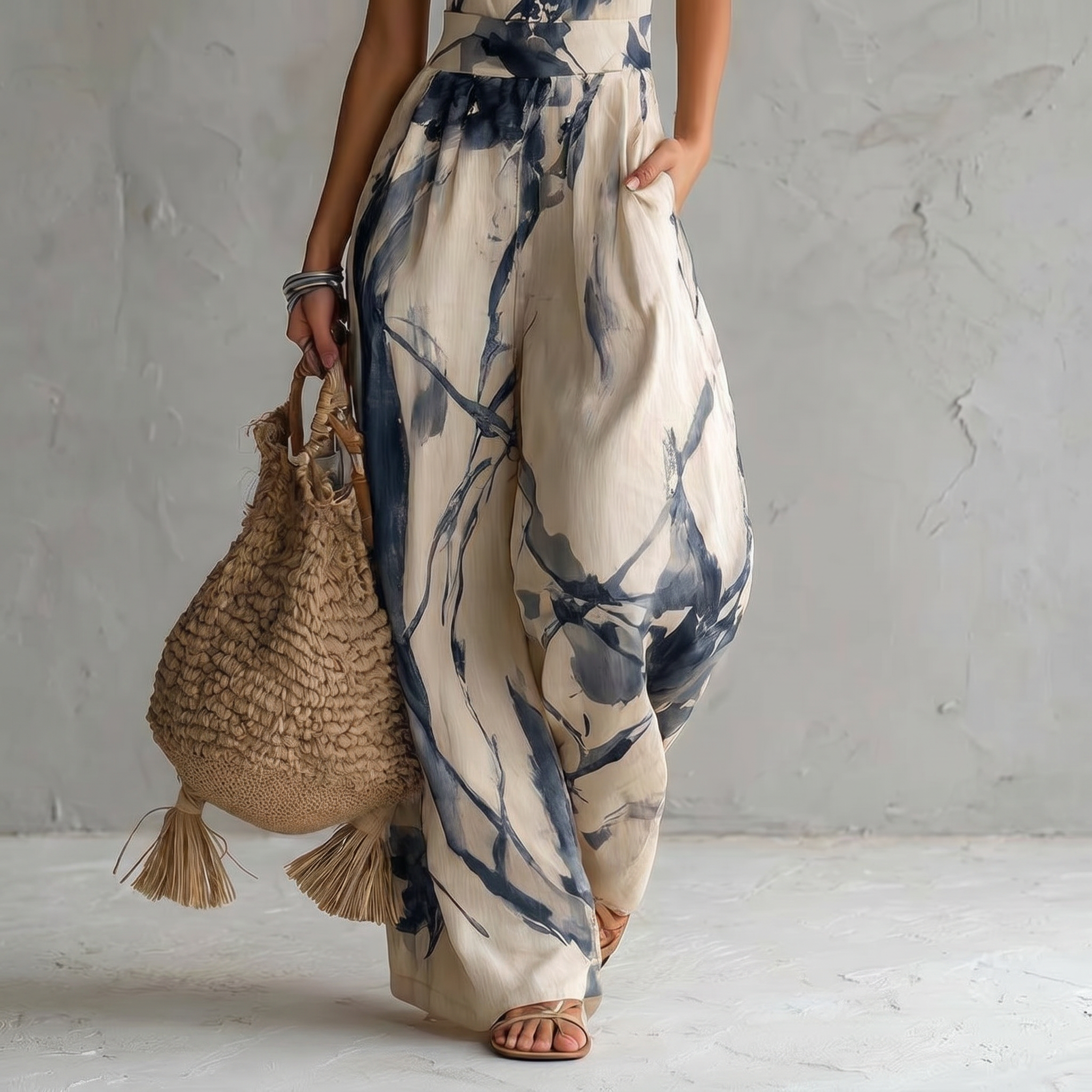 Halter Neck Ink Wash Print Wide Leg Jumpsuit With Pockets