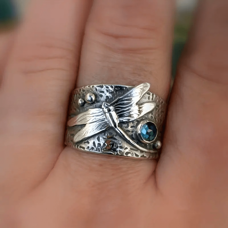 Vintage Blue Crystal Dragonfly Silver tone Ring