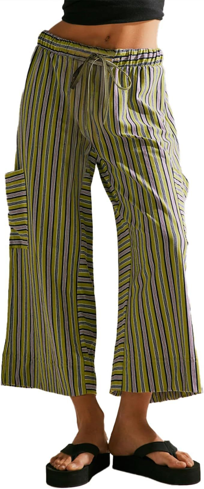 Button-Detail Striped Summer Casual Straight Pants